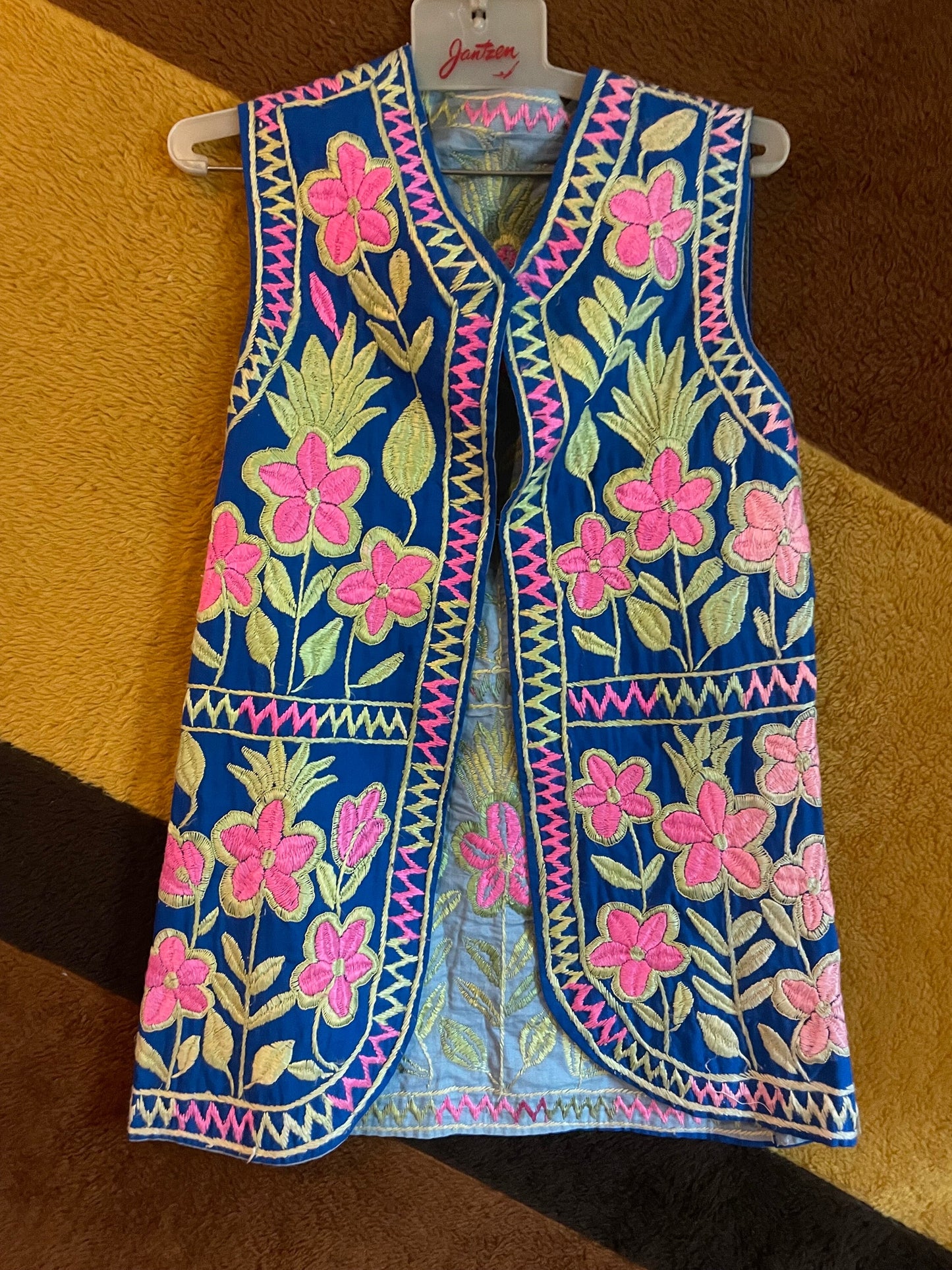 vtg 60s HEAVILY EMBROIDERED WAISTCOAT // vintage blue & pink floral tapestry vest bright neon hippie bohemian embroidered psychedelic