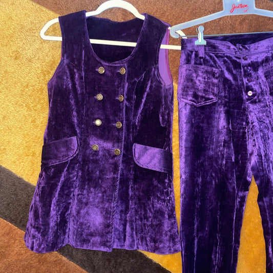 vtg 60s PURPLE VELVET PANTS Set // vintage waistcoat & mini skirt plush soft flare pants mod mini skirt pantsuit set retro mod rare true vtg