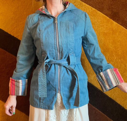 vtg 70s denim serape striped hooded belted blue jacket retro hippie boho big cuff jean jacket jackie burkhart