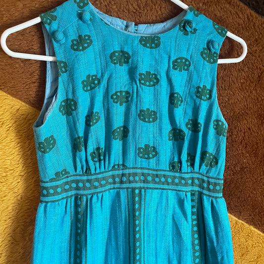 vtg 70s  BLUE LINEN PATTERNED Dress // vintage mushroom abstract print empire waist full length maxi dress hippie boho juniors teen petite