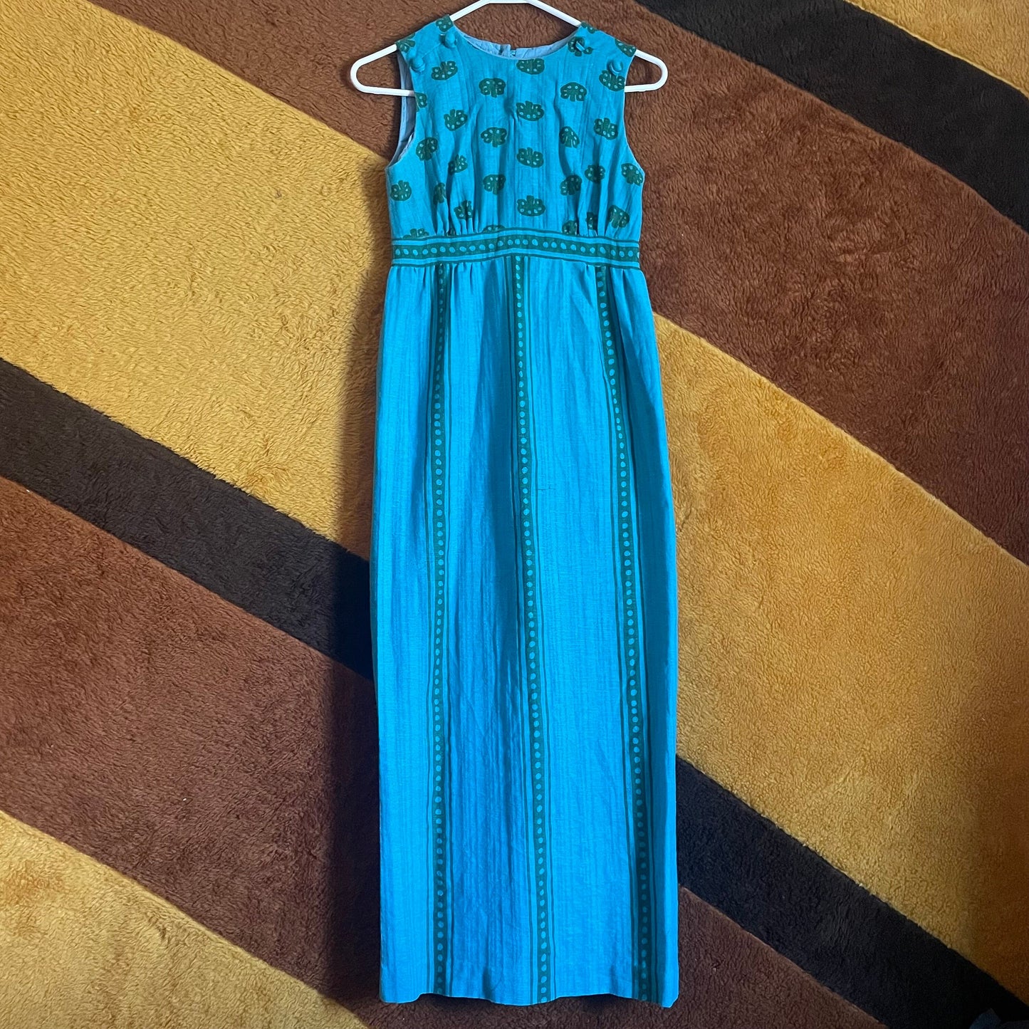 vtg 70s  BLUE LINEN PATTERNED Dress // vintage mushroom abstract print empire waist full length maxi dress hippie boho juniors teen petite