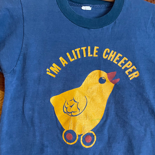 vtg 70s CHICKEN CHEEPER shirt // vintage youth large yellow chick graphic tee crop top baby doll femme fitted t shirt ad promo NUGGETS