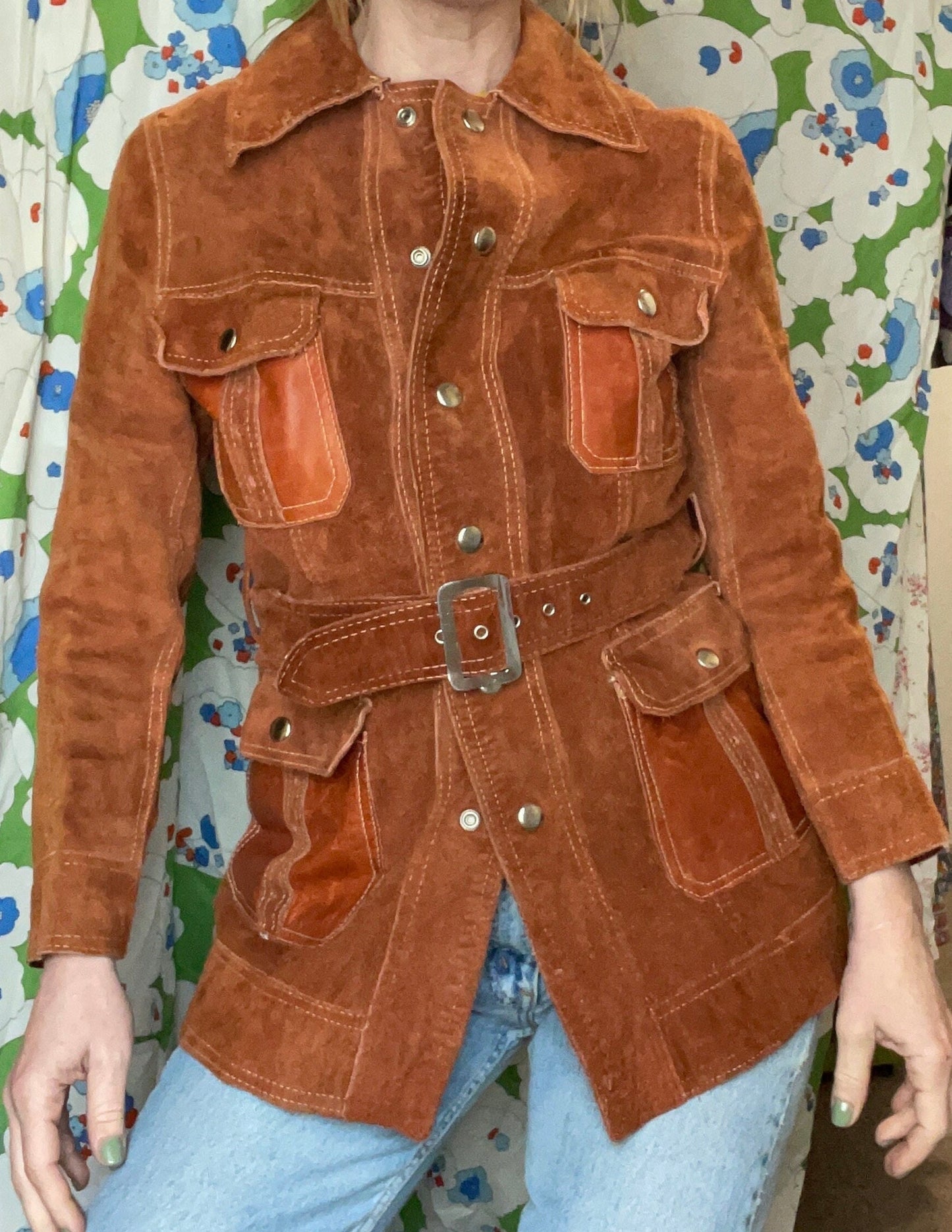 vtg 60s REVERSIBLE SUEDE JACKET // vintage hippie festival leather belted collared button up mod western retro leather hand tooled orange