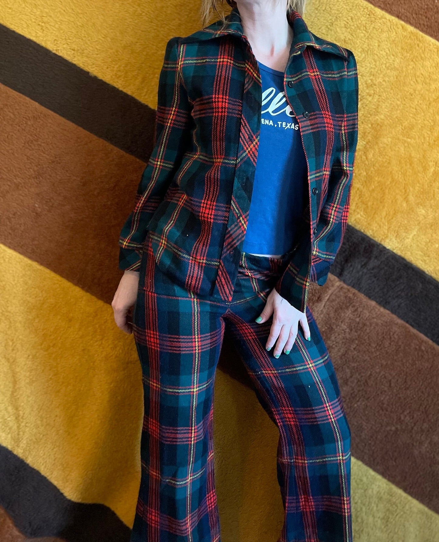 vtg 70s 2 PIECE PLAID PANTSUIT // vintage sears junior bazarr high waisted flare leg plaid pants & blazer set preppy mod casual business