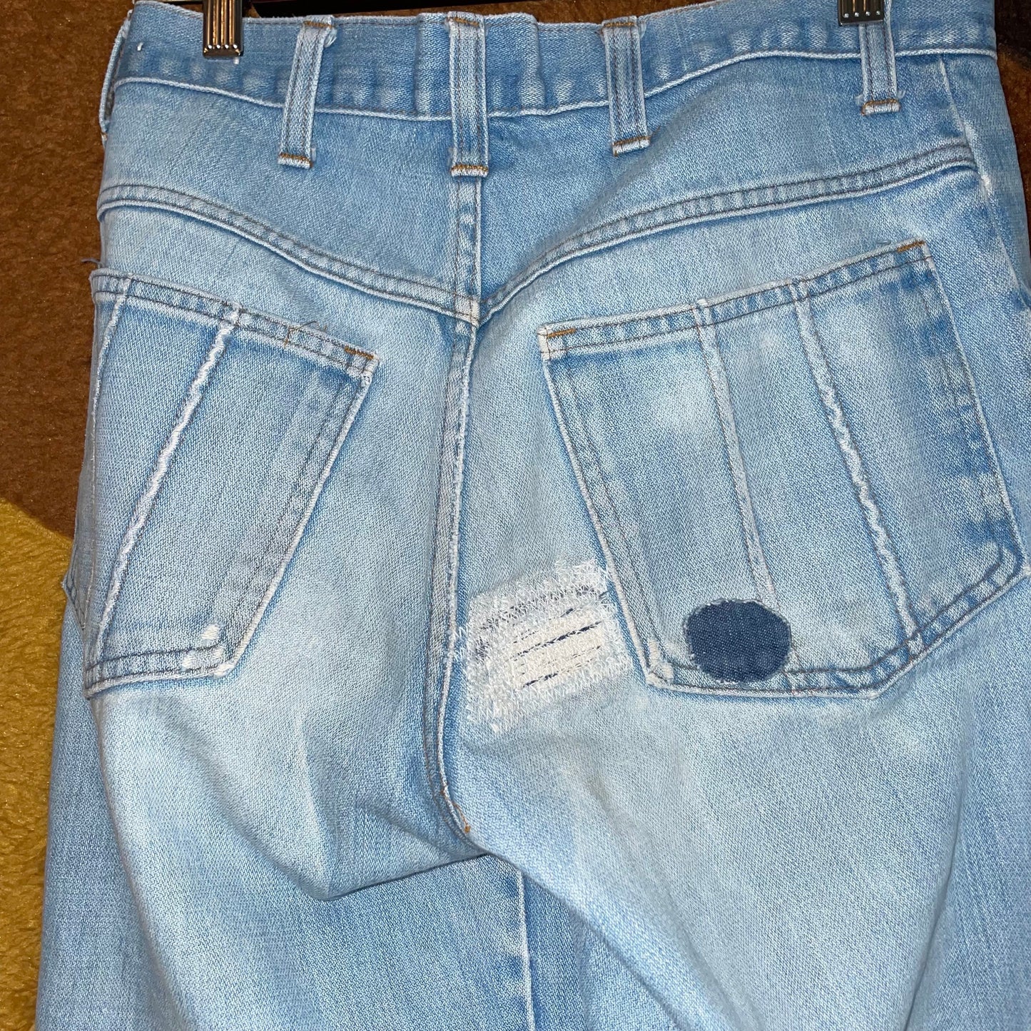 vtg 70s SEARS RIBBED JEANS// vintage striped bootcut jeans lightwash faded straight leg patched high waisted denim pants hippie retro