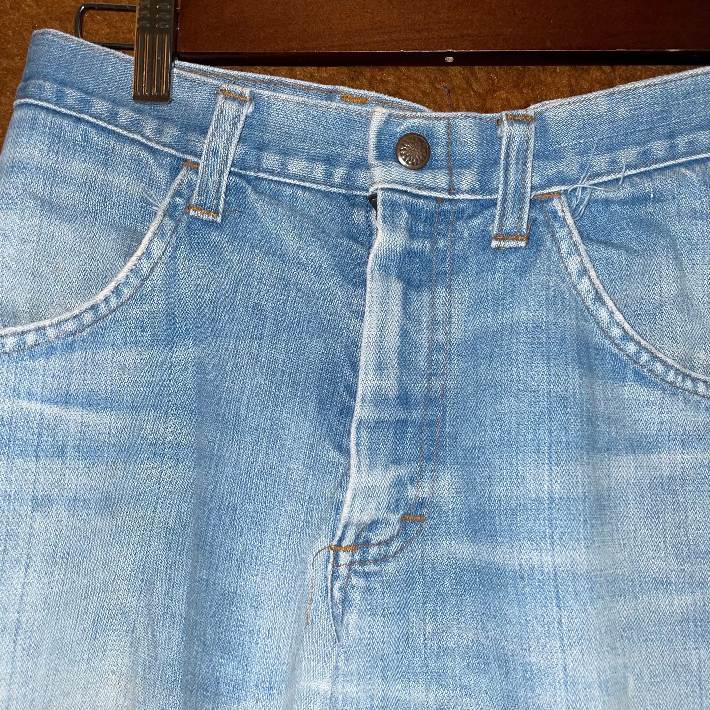 vtg 70s SEARS RIBBED JEANS// vintage striped bootcut jeans lightwash faded straight leg patched high waisted denim pants hippie retro