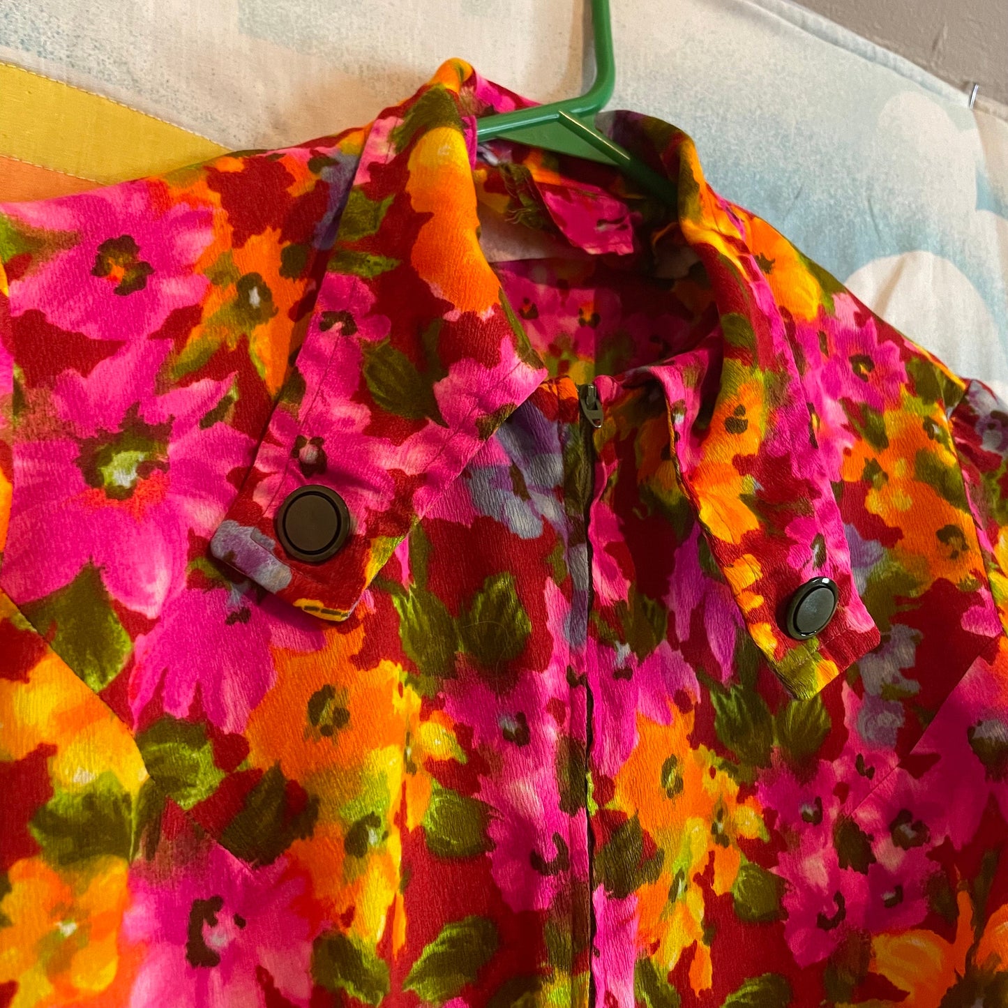 vtg 60s PSYCHEDELIC MINI DRESS // vintage square collar neon floral zip up mod hippie retro button  hawaiian barkcloth pink yellow autumn