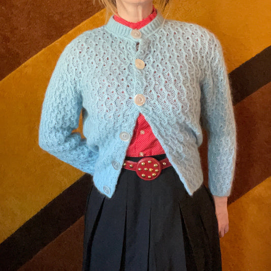 vtg 60s ICE BLUE MOHAIR Sweater // vintage big button pastel fairy knit fuzzy cardigan preppy rockabilly grunge retro button up teacher core