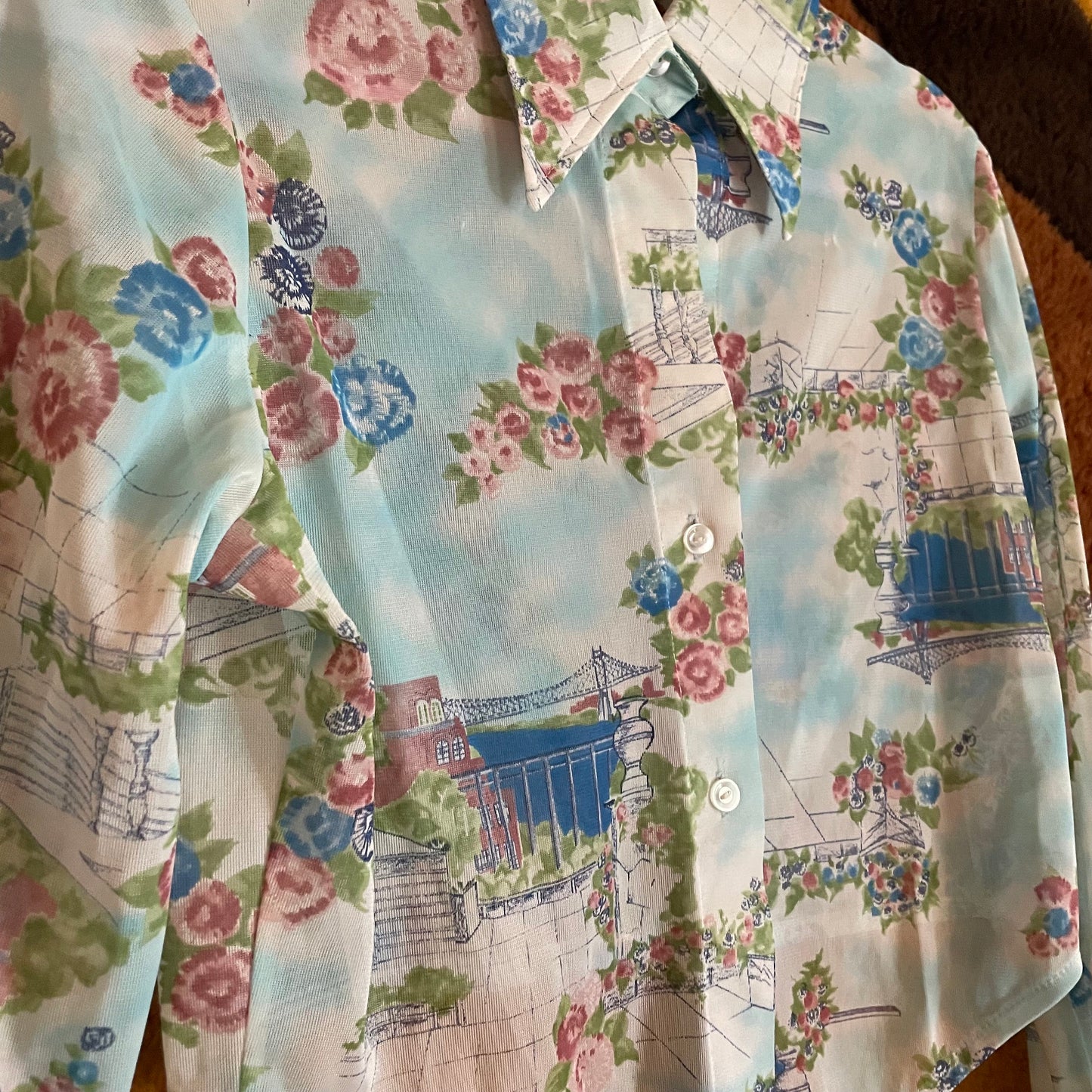 vtg 70s PSYCHEDELIC CROP TOP // vintage pointy collar bridge & roses patterned novelty print top Langtry brand hippie boho mod autumn school