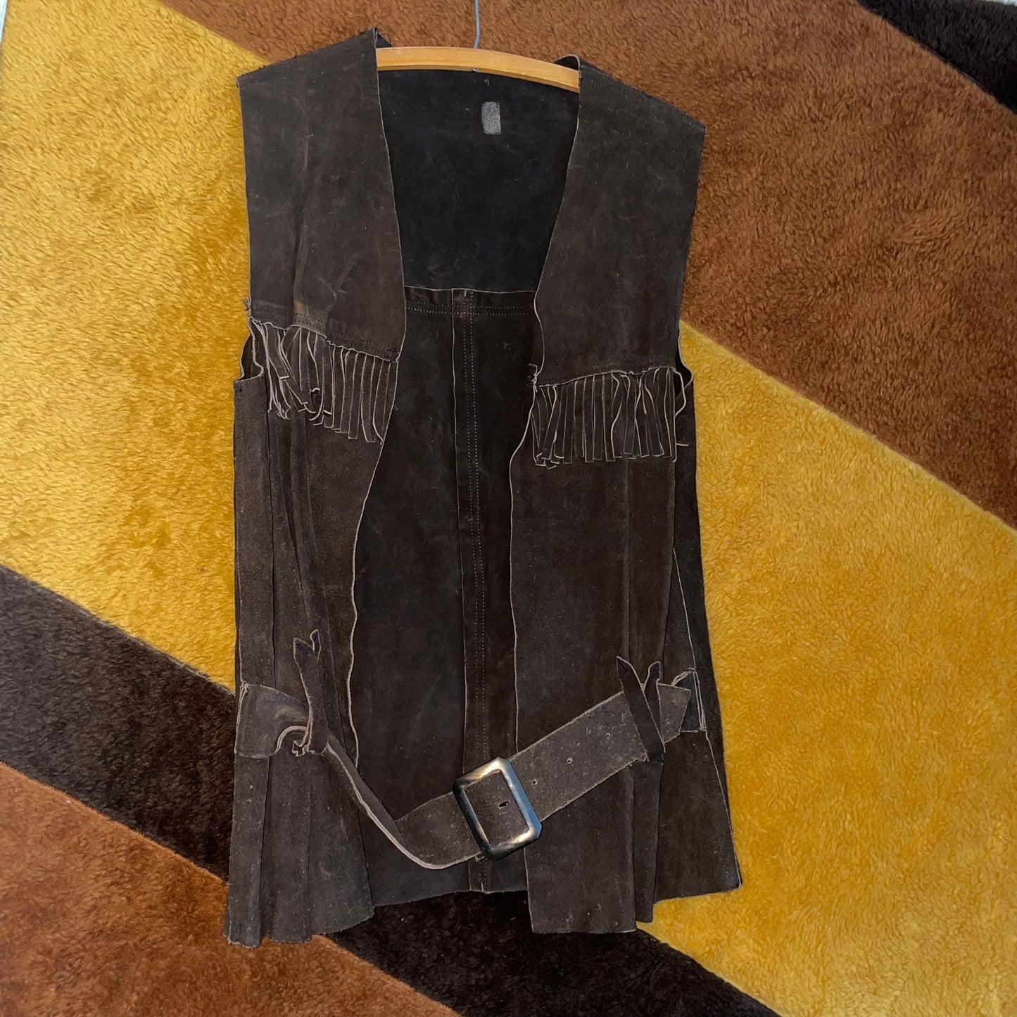 vtg 70s SUEDE FRINGE BELTED Vest // vintage dark chocolate brown leather fringe waistcoat with belt hippie western boho acid festival ooak