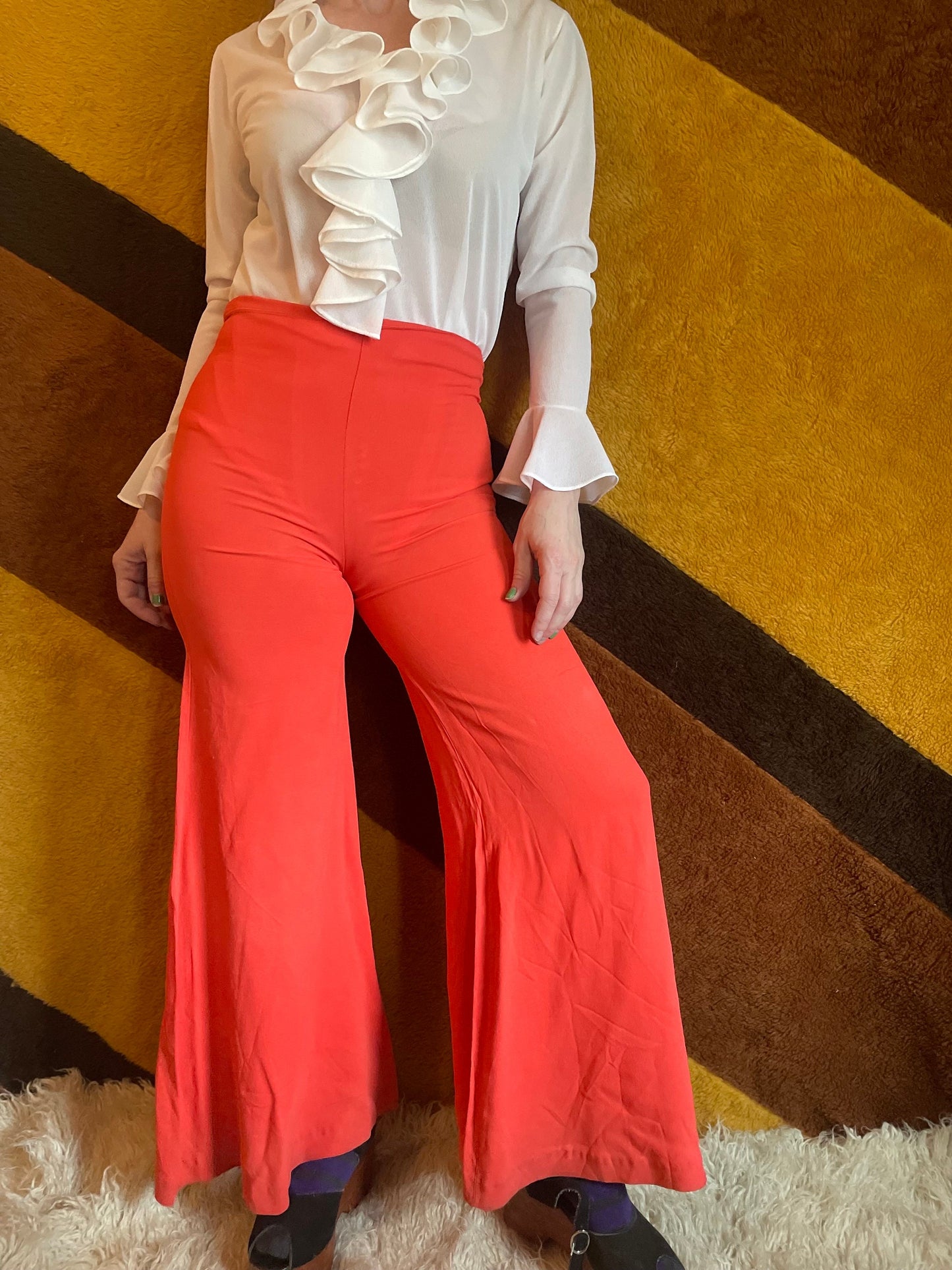 vtg 70s RAYON BELL BOTTOMS // vintage flowy wide leg beach pajamas slinky bright orange flare leg high waisted pants elephant bell palazzos