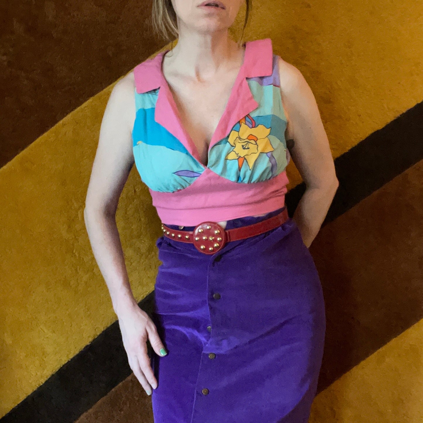 vtg 70s PATTERNED CROP TOP // vintage deep v neck psychedelic fairy hippie halter midriff retro playsuit beach pin up bombshell rockabilly