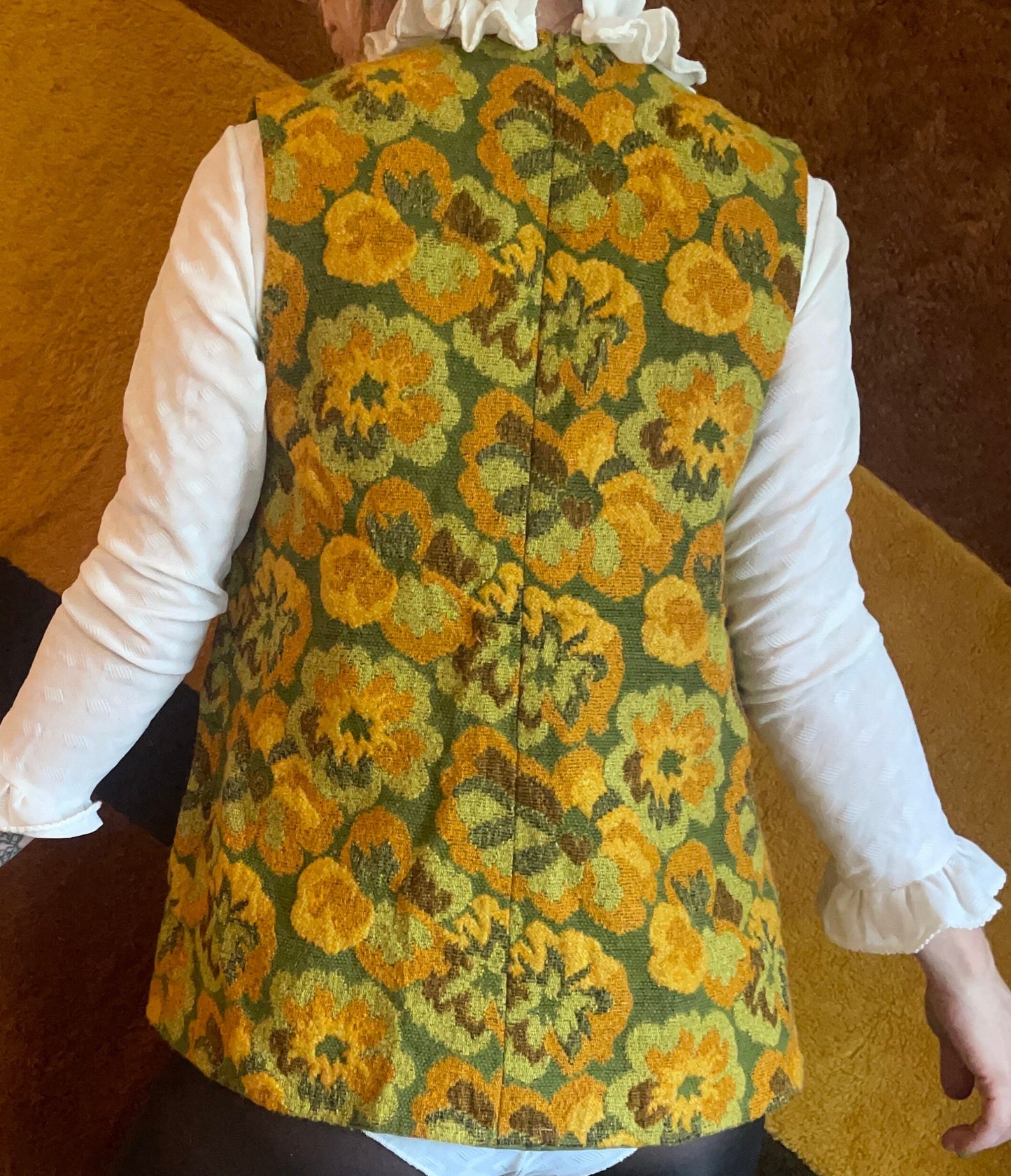 vtg 70s TAPESTRY EMBROIDERED VEST // vintage orange green floral carpet bag textured waistcoat hippie retro granny trip psychedelic top