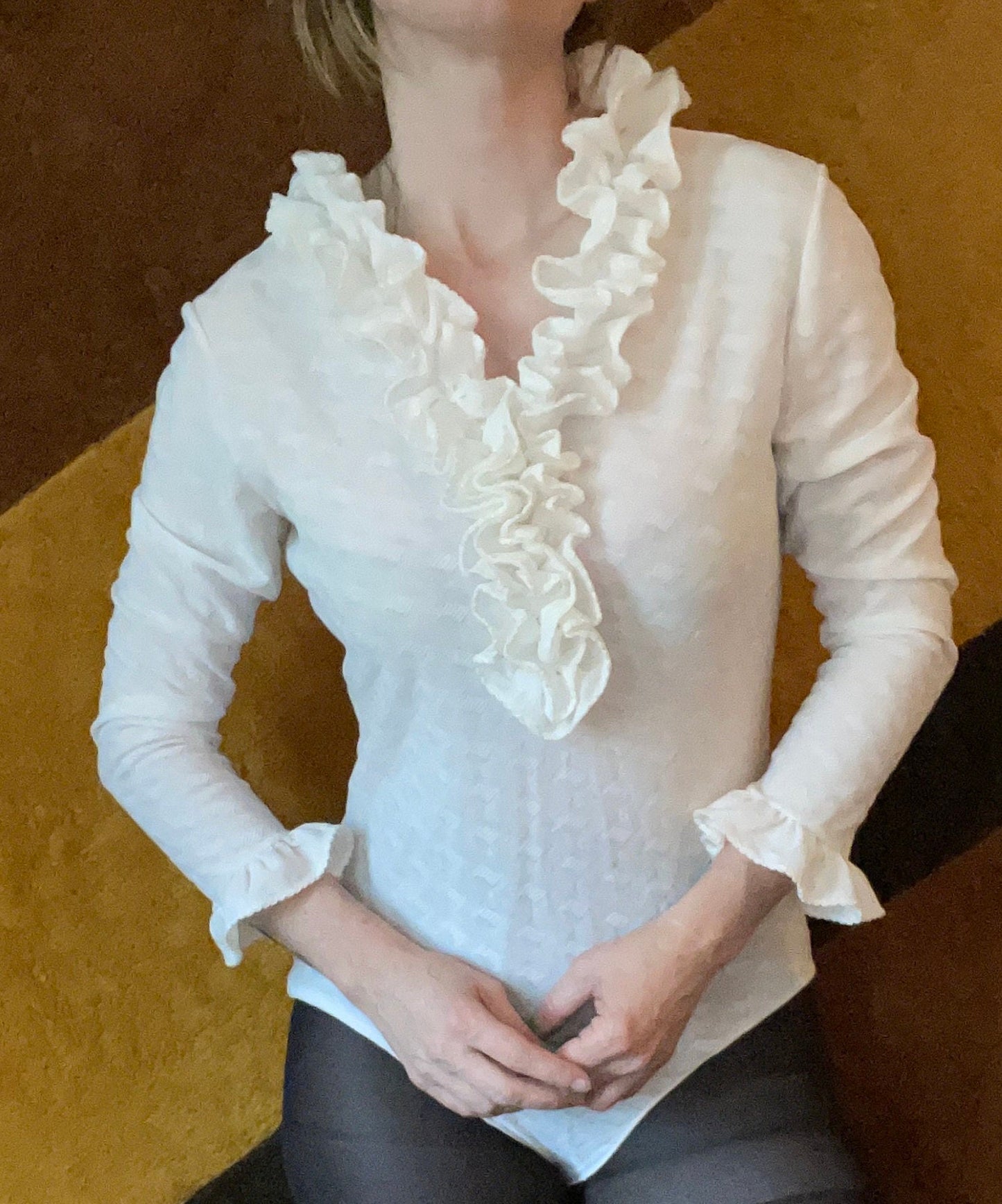 vtg 70s RUFFLE COLLAR BODYSUIT // vintage white long sleeve unitard austin powers pirate blouse poly top autumn retro style undershirt