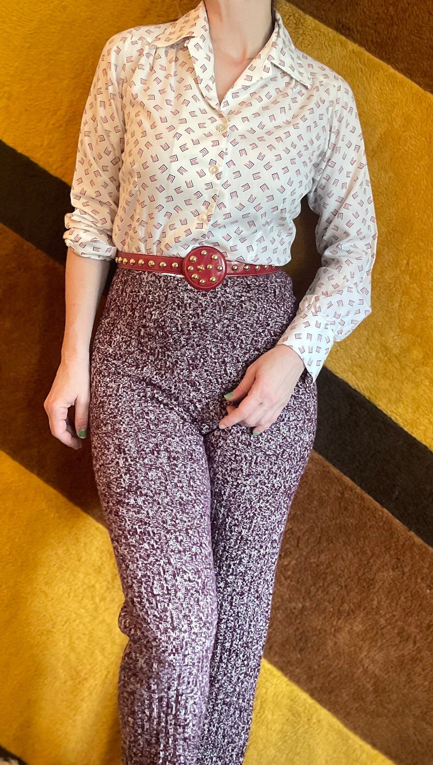 vtg 70s SPACE DYE BELLBOTTOMS // vintage pandora wide leg heathered purple bell bottoms stretchy acrylic high waisted knit sweater pants