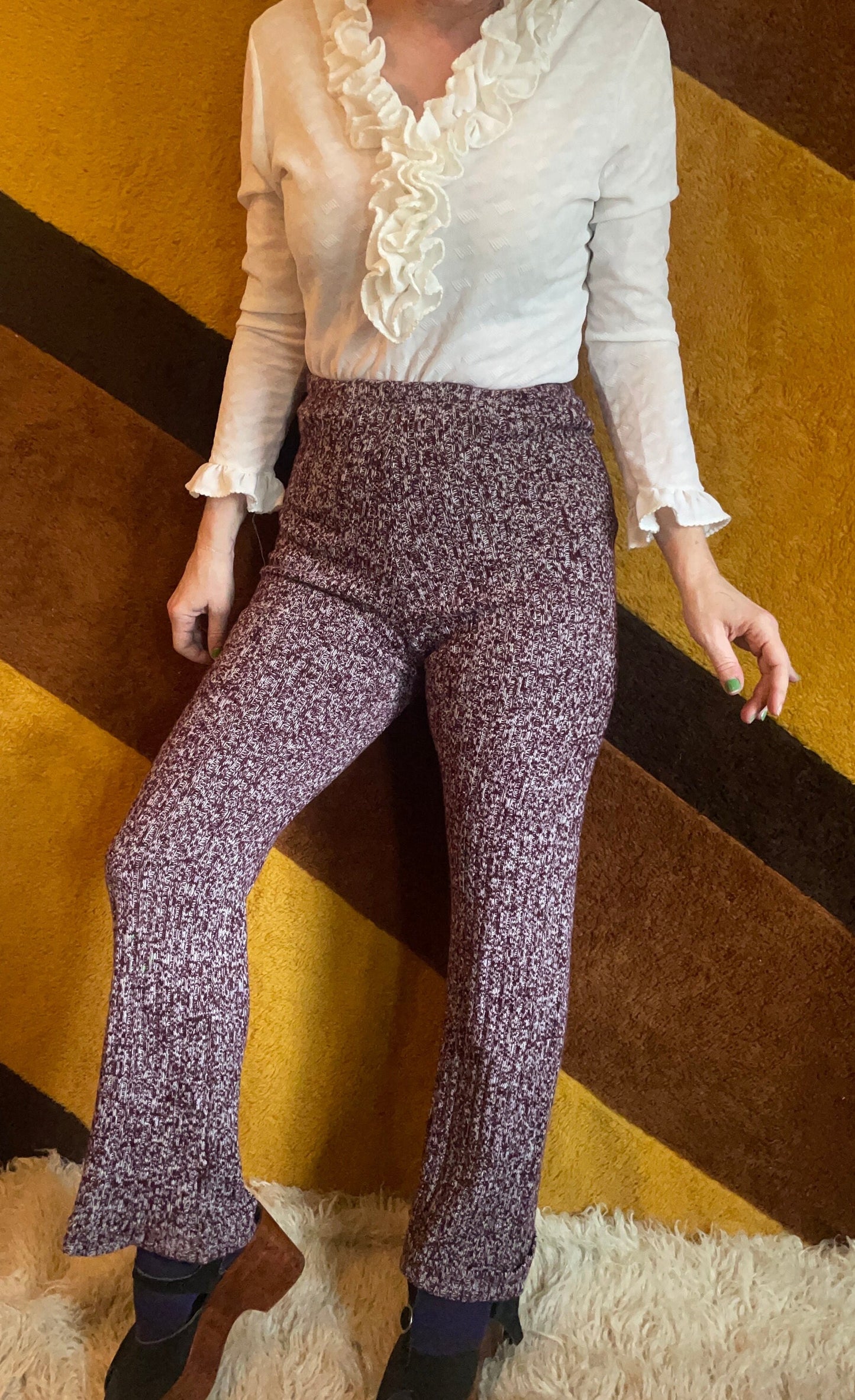 vtg 70s SPACE DYE BELLBOTTOMS // vintage pandora wide leg heathered purple bell bottoms stretchy acrylic high waisted knit sweater pants