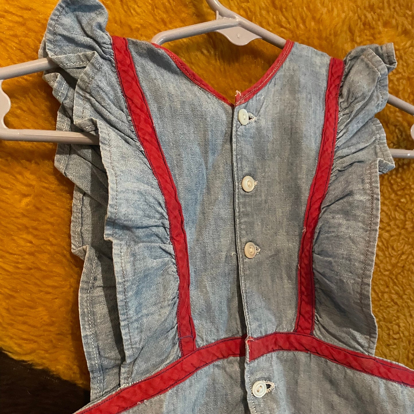 vtg 1940s GIRLS CHAMBRAY OVERALLS // vintage 50s ruffle straps rosie the riveter womens style workwear coveralls blue cotton contrast trim