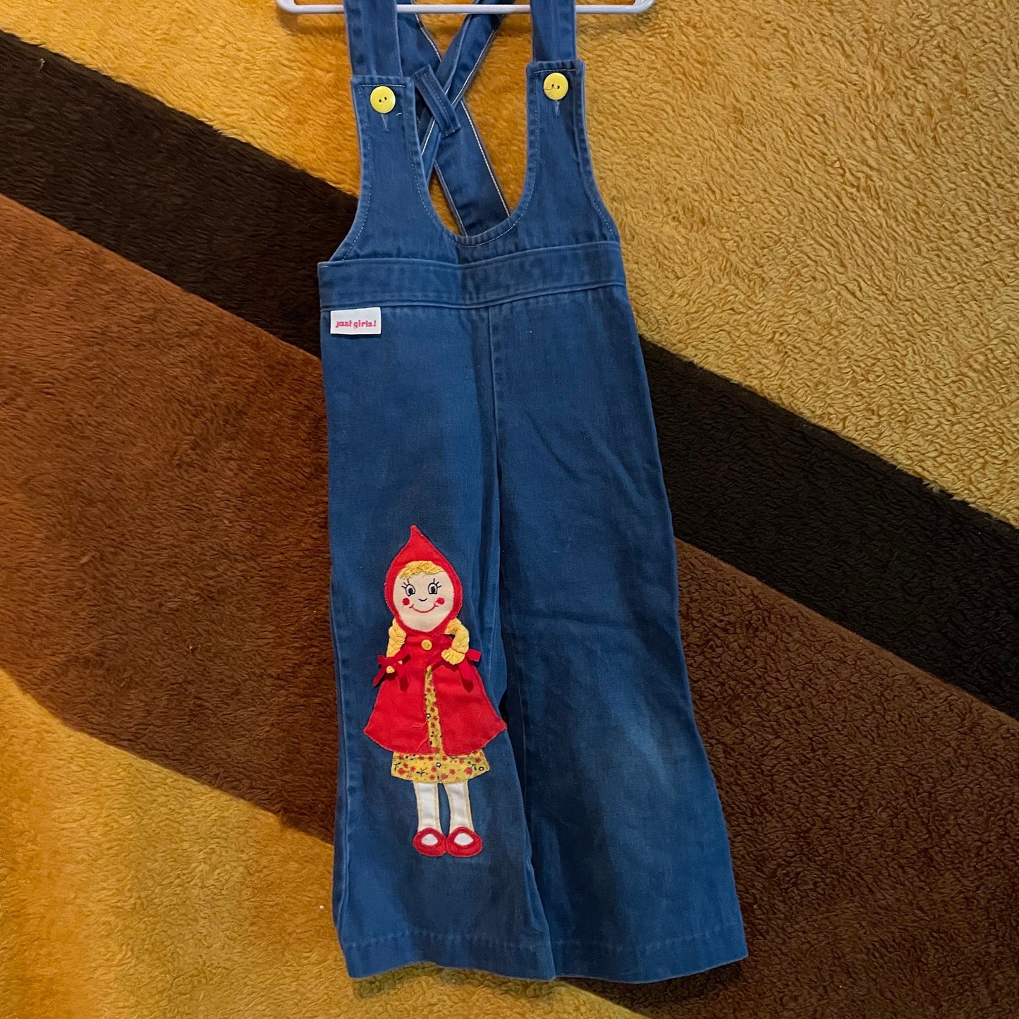 vtg 70s KIDS OVERALLS // vintage red riding hood embroidered hippie retro size 4 T girls romper coveralls cute autumn outfit 1970s folk art