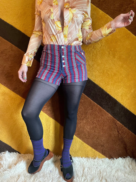 vtg 60s STRIPED HOT PANTS // high mid rise ric rac patterned trim short shorts blue red nautical button up mod kitschy hippie daisy dukes