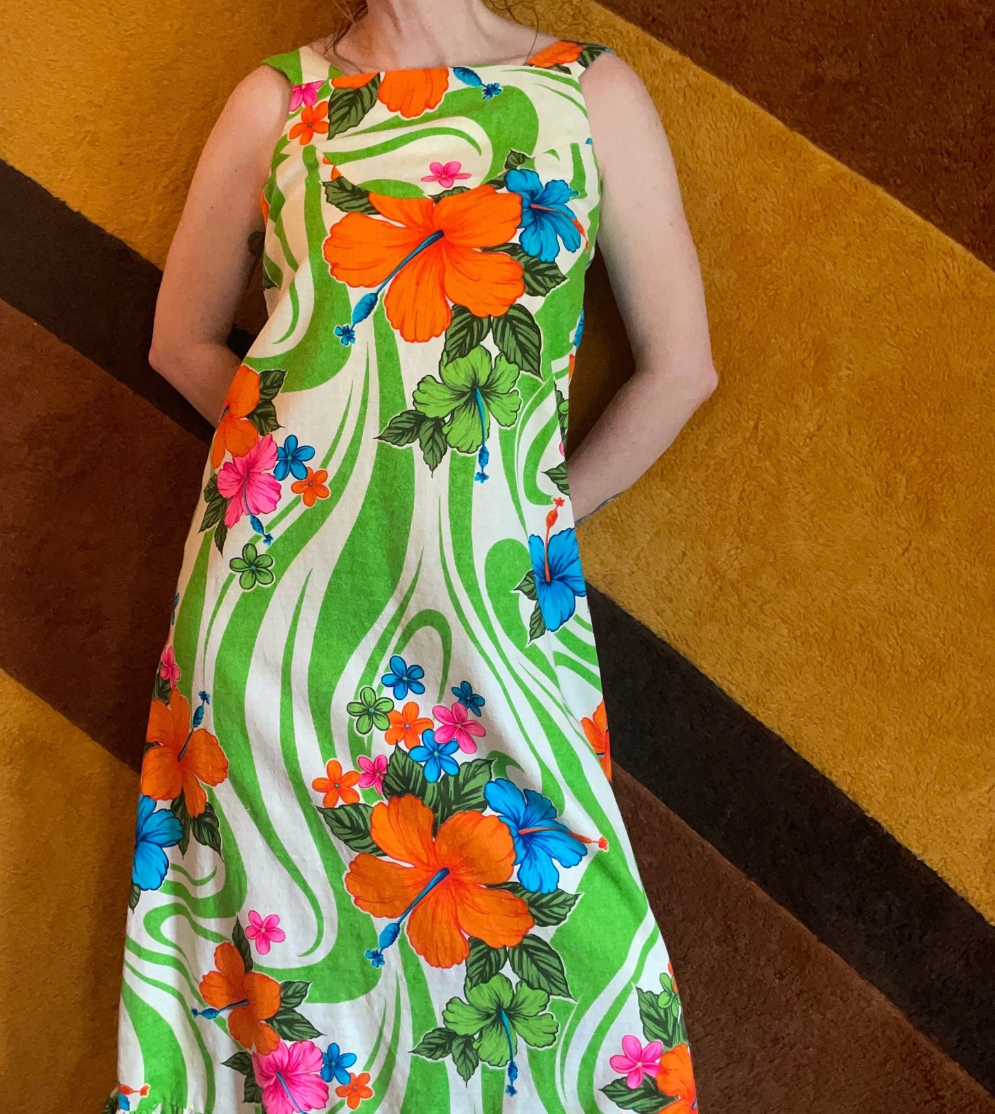 vtg 70s NEON FLORAL HAWAIIAN Dress // vintage water lilly psychedelic swirl full length tank maxi  ruffle hem day glow barkcloth retro style