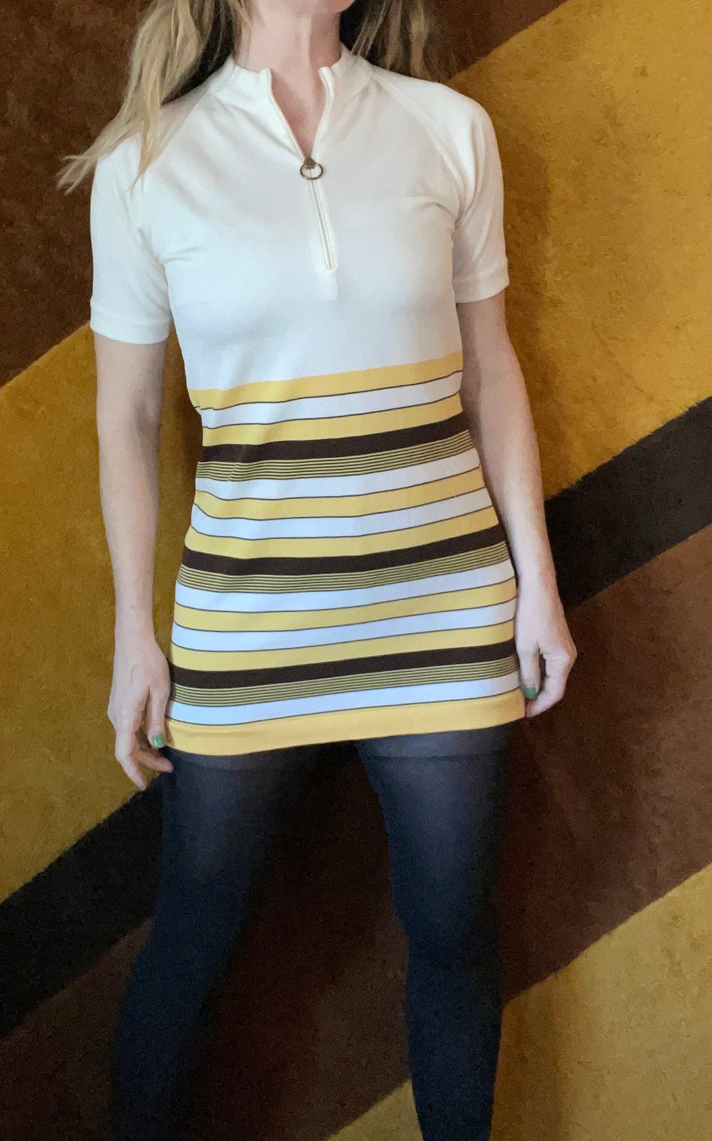 vtg 60s MOD STRIPED MINI Dress // vintage yellow & brown teen spirit short frock go go retro scooter dress space age autumn cute halloween