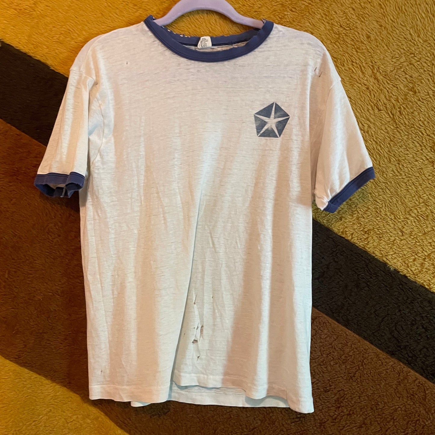 vtg 70s PAPER THIN PENTASTAR Shirt // vintage ringer chrysler car emblem thrashed faded graphic tee with holes see through retro soft baggy
