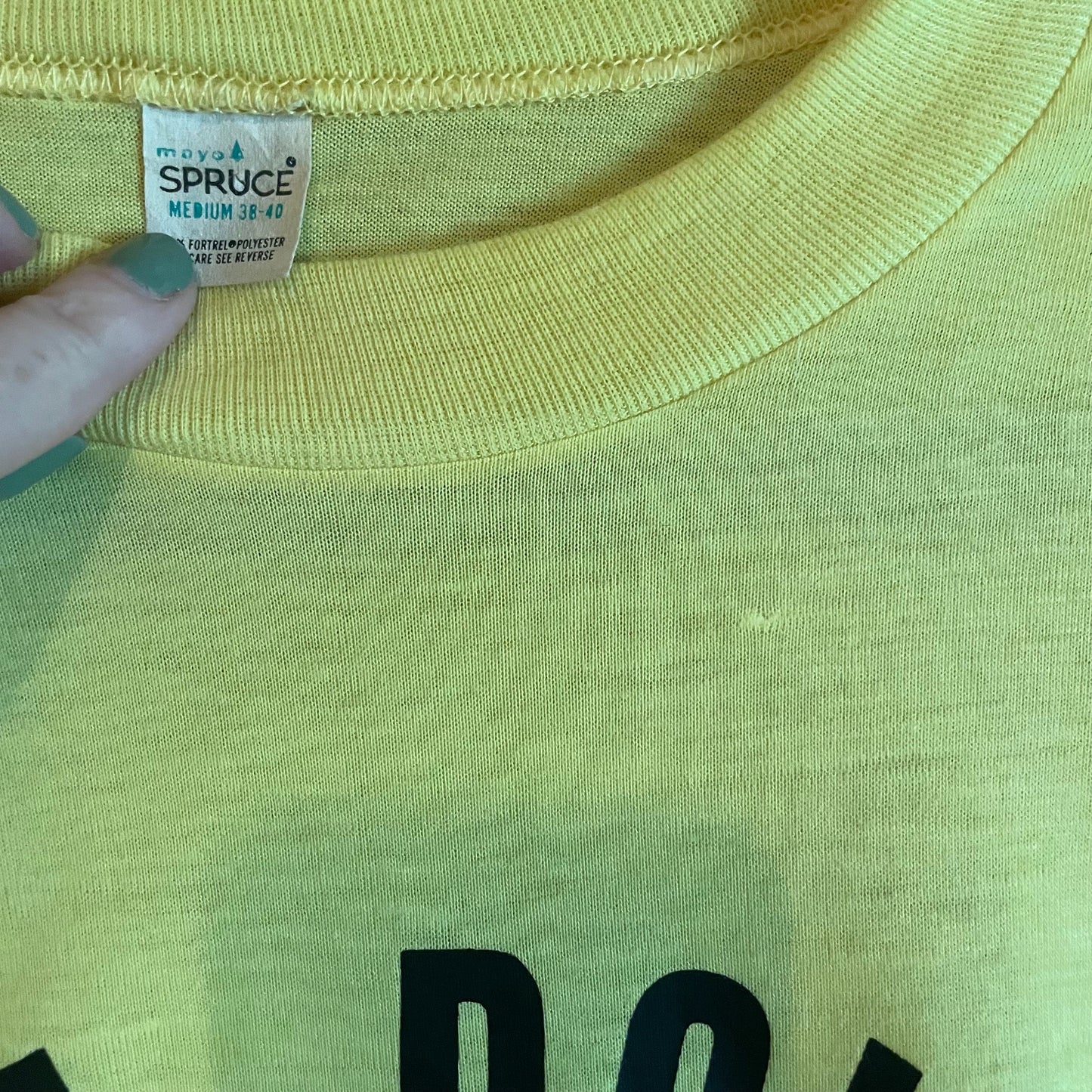 vtg 70s mayo spruce GET DOWN suggestive arrow funny graphic tee James Brown paper thin pale yellow t shirt humorous iron on kickball team