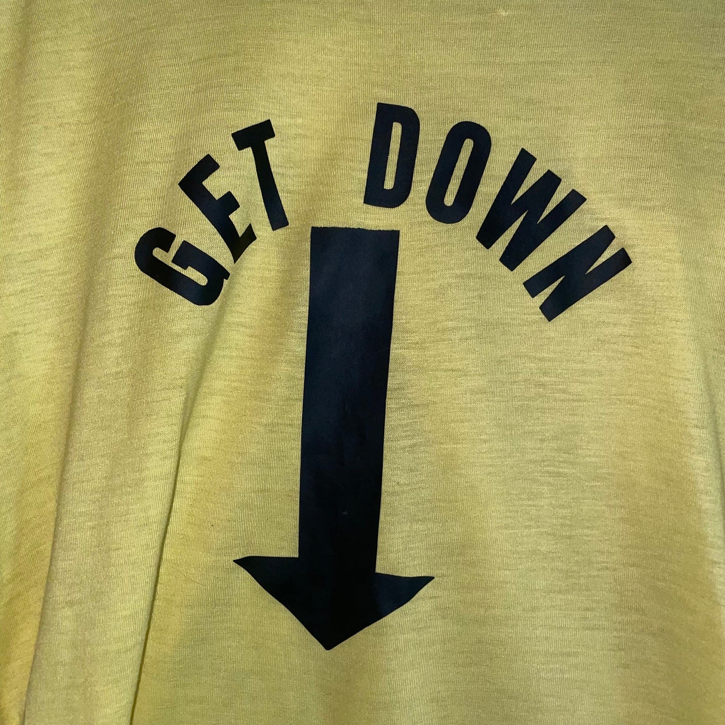 vtg 70s mayo spruce GET DOWN suggestive arrow funny graphic tee James Brown paper thin pale yellow t shirt humorous iron on kickball team