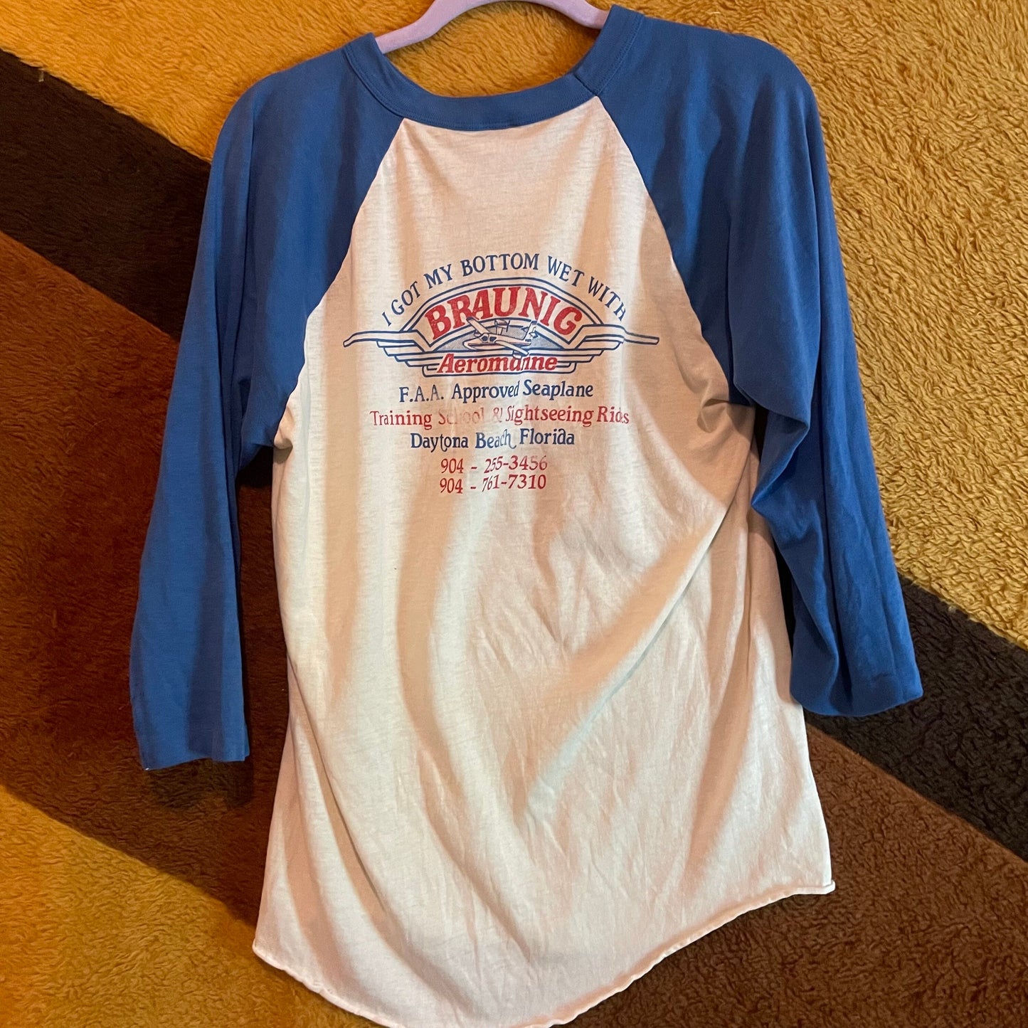 vtg 70s SOFT THIN RAGLAN // vintage sea plane braunig aeromarine graphic tee "I got My Bottom Wet ! " paper thin distressed nautical ringer