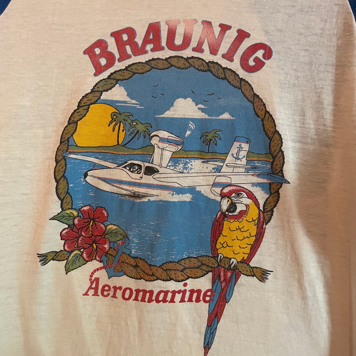 vtg 70s SOFT THIN RAGLAN // vintage sea plane braunig aeromarine graphic tee "I got My Bottom Wet ! " paper thin distressed nautical ringer