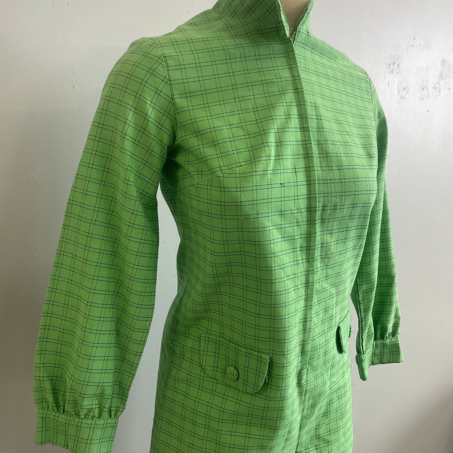 Vtg 60s GREEN PLAID ROMPER // vintage bright sage green long sleeve jumpsuit hot pants mod mini autumn winter stylish women small cute retro