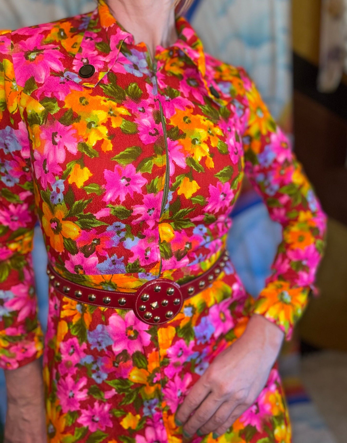 vtg 60s PSYCHEDELIC MINI DRESS // vintage square collar neon floral zip up mod hippie retro button  hawaiian barkcloth pink yellow autumn