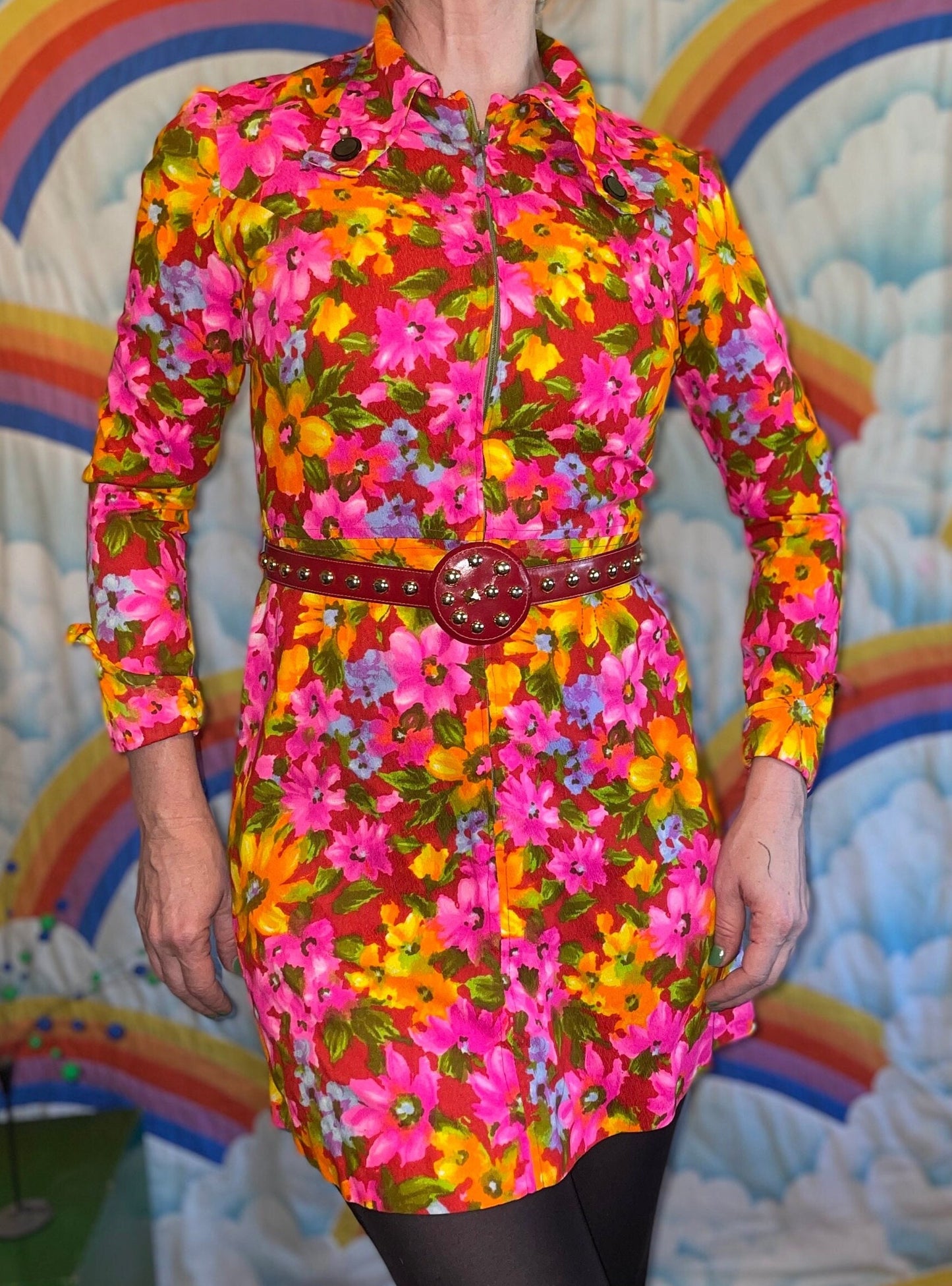 vtg 60s PSYCHEDELIC MINI DRESS // vintage square collar neon floral zip up mod hippie retro button  hawaiian barkcloth pink yellow autumn