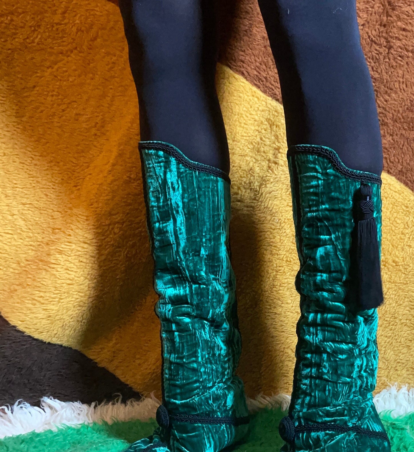 Vtg 90s GREEN VELVET FRINGE Boots // vintage pointy toe black tassel Susan Bennis Warren Edwards boots rare emerald green calf high boots