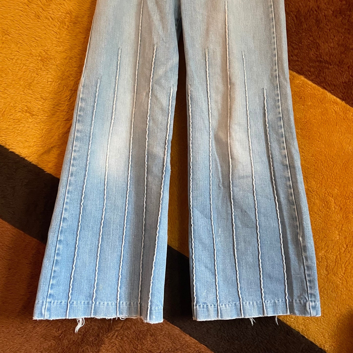 vtg 70s SEARS RIBBED JEANS// vintage striped bootcut jeans lightwash faded straight leg patched high waisted denim pants hippie retro