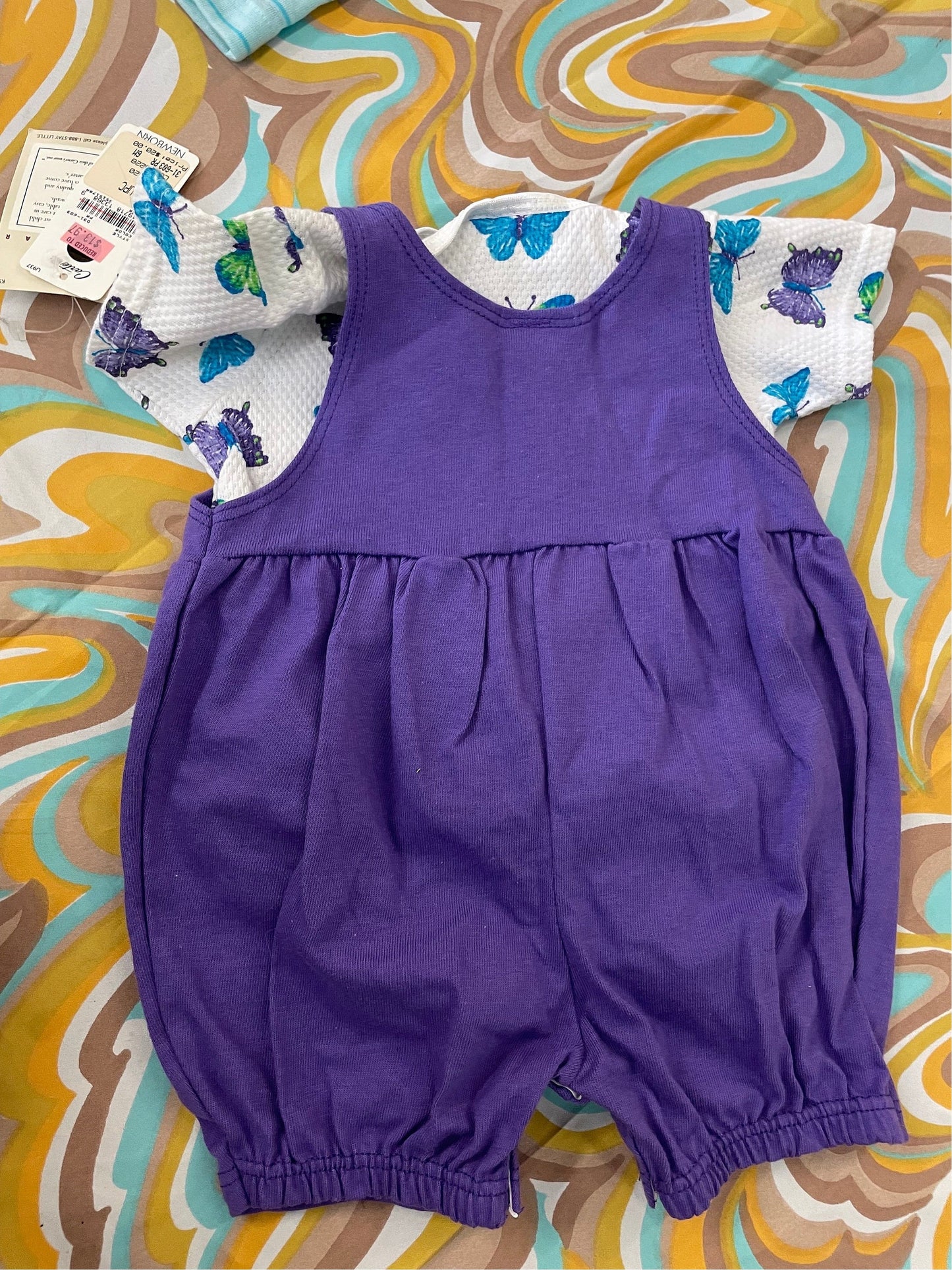 vtg 90s KIDS BUTTERFLY OVERALLS // vintage purple overalls and patterned top set new never worn Carters 3-6 months baby outfit onesie