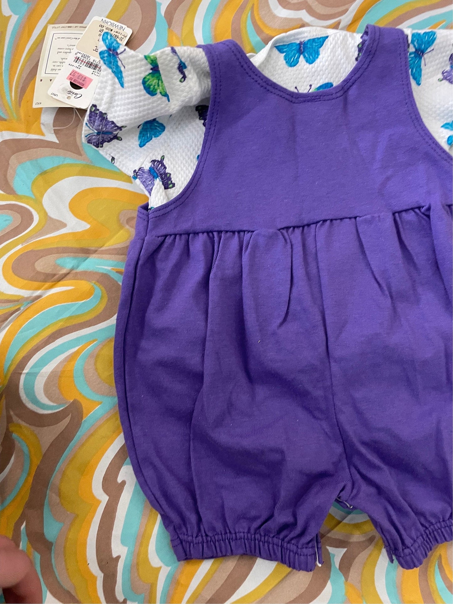 vtg 90s KIDS BUTTERFLY OVERALLS // vintage purple overalls and patterned top set new never worn Carters 3-6 months baby outfit onesie