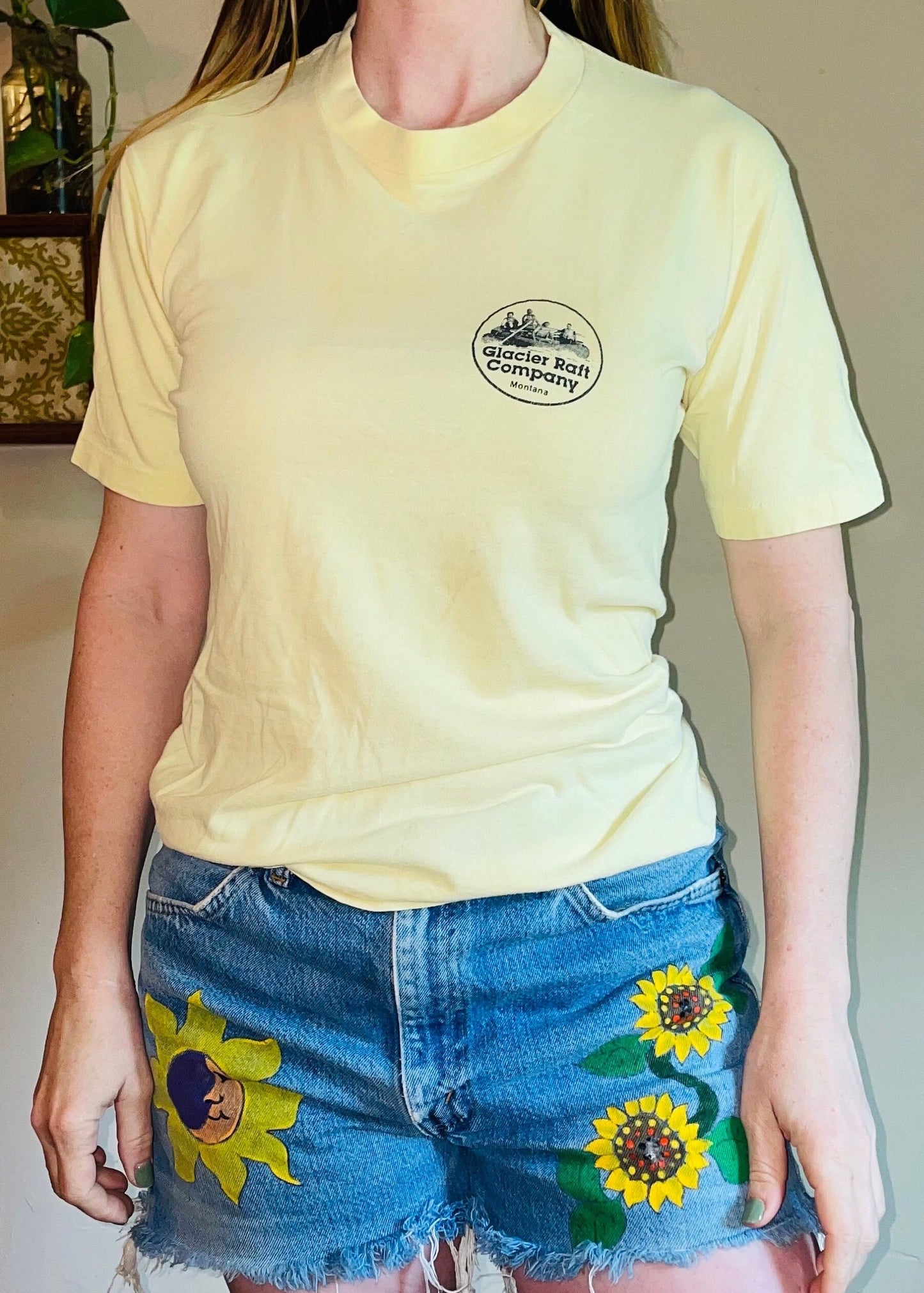 vtg 70 RAFTING SHIRT // vintage funny graphic tee yellow hand drawn rafting fishing hippie outdoors soft thin worn hiking  boating camping