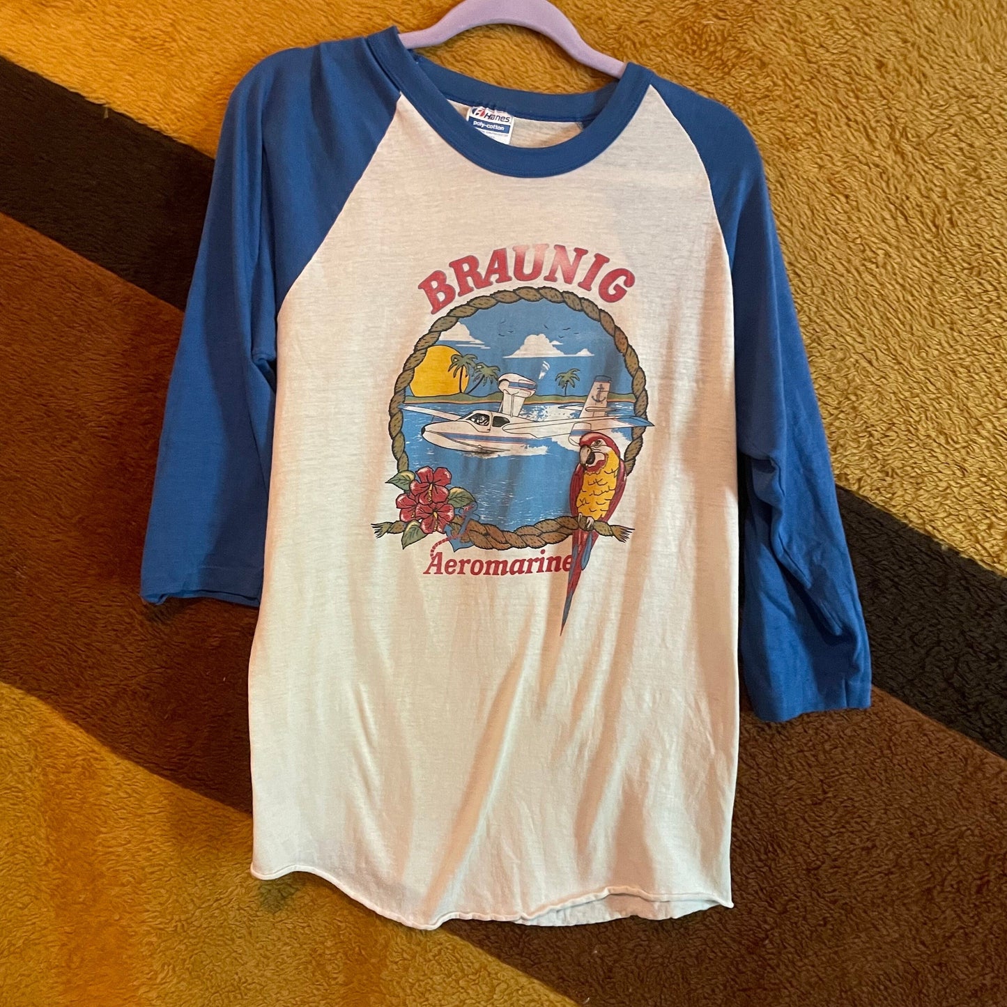 vtg 70s SOFT THIN RAGLAN // vintage sea plane braunig aeromarine graphic tee "I got My Bottom Wet ! " paper thin distressed nautical ringer