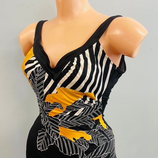 vtg 80s BLACK & YELLOW BODYSUIT // vintage abstract striped swimsuit v neck boy short low cut back bumblebee floral Sirena usa funky retro