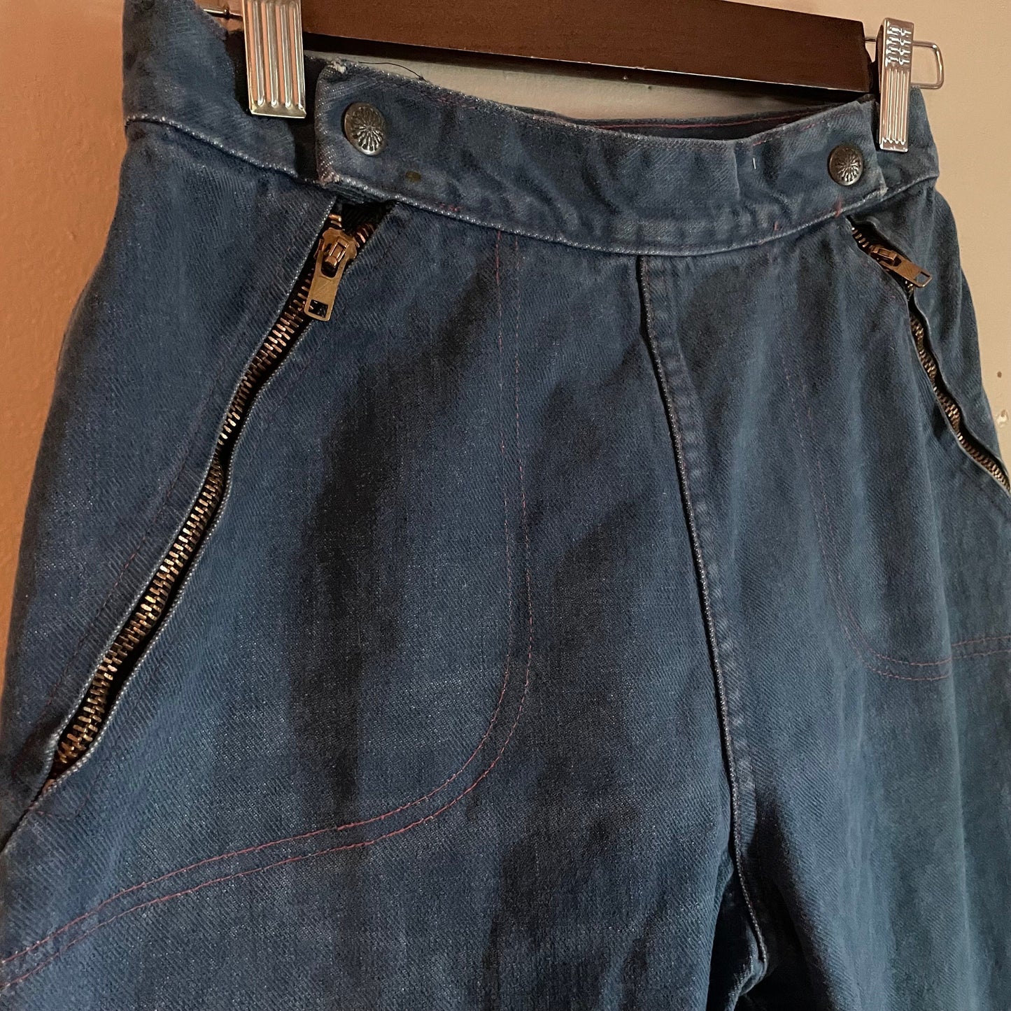 vtg 70s DOUBLE ZIPPER JEANS // 25/26 flare leg medium wash bell bottom jeans indigo denim wide leg high waisted jeans retro side zip jeans