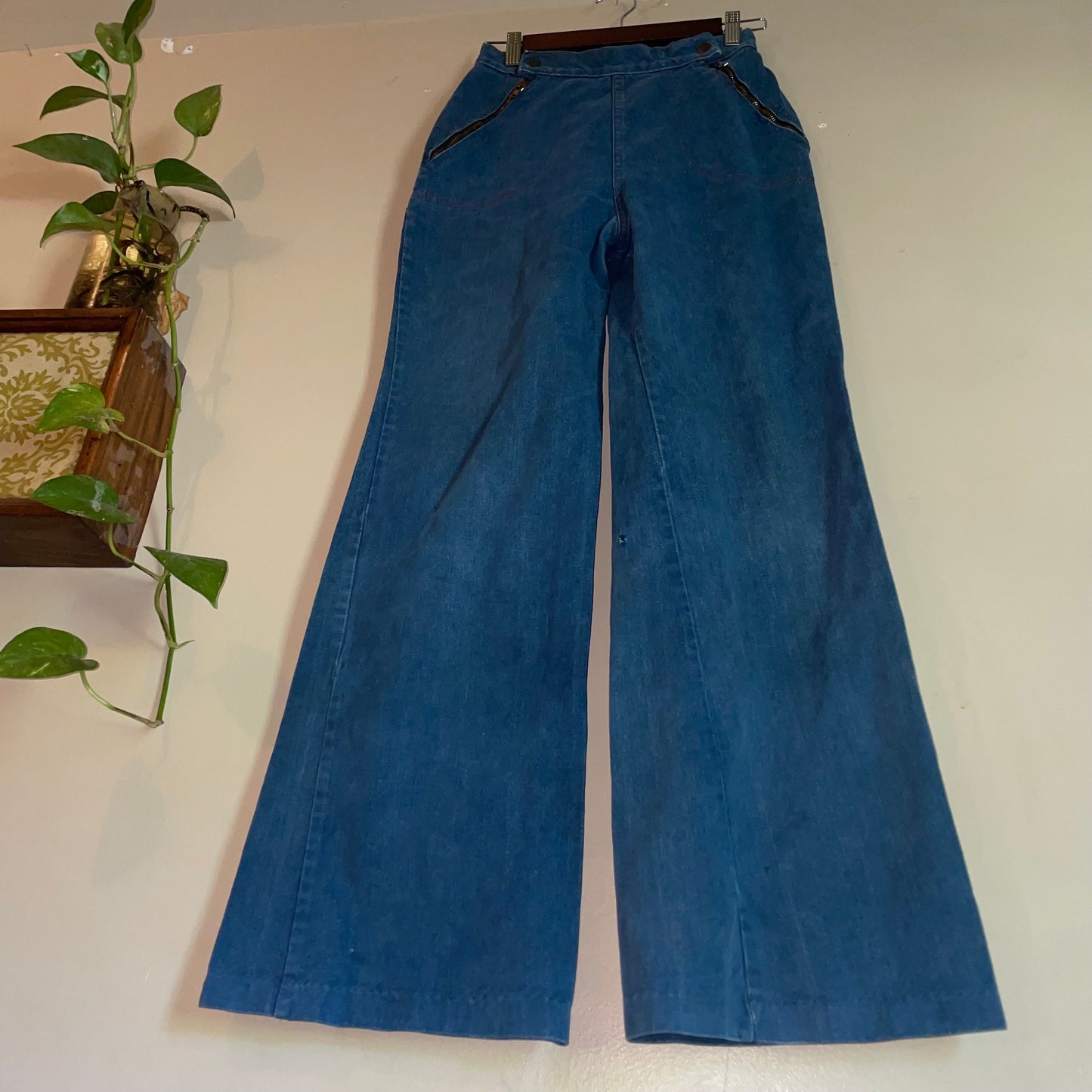 vtg 70s DOUBLE ZIPPER JEANS // 25/26 flare leg medium wash bell bottom jeans indigo denim wide leg high waisted jeans retro side zip jeans