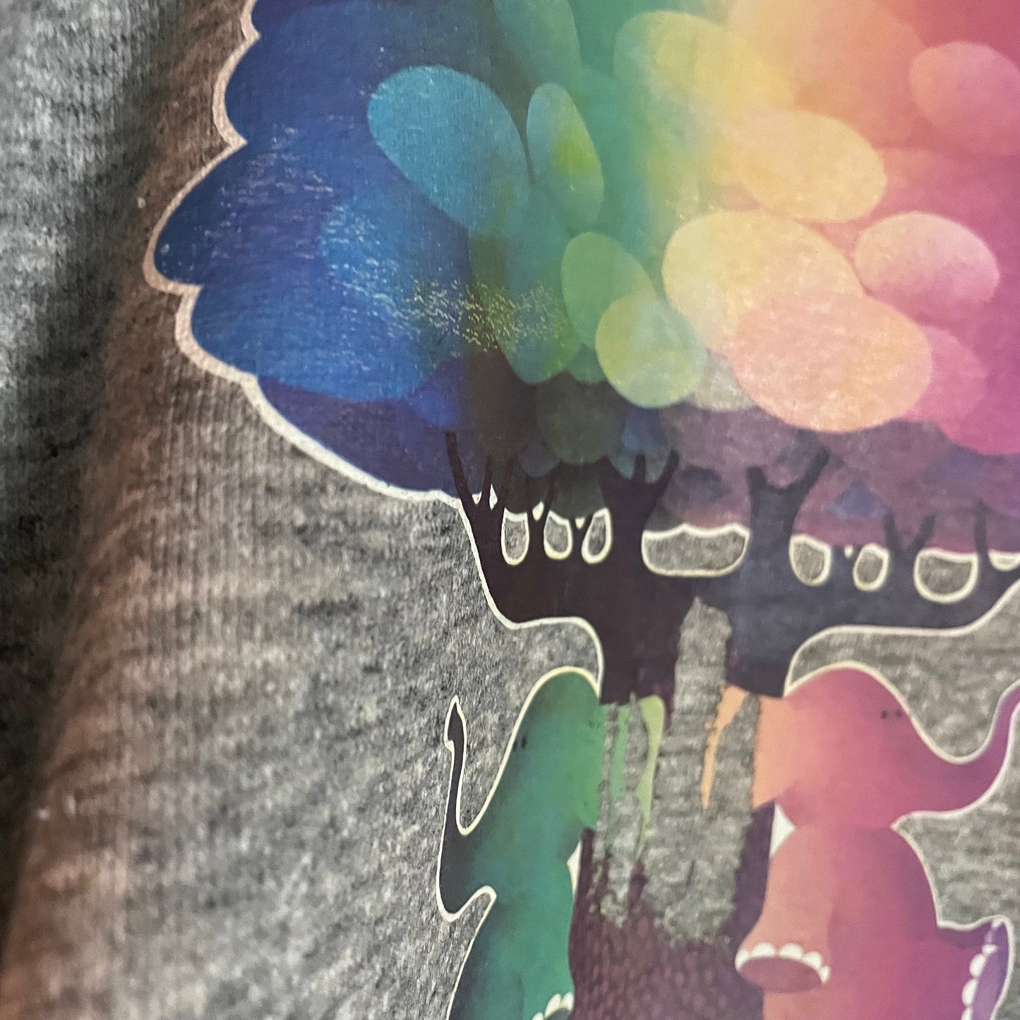 vtg 70s psychedelic elephants clouds trees gray tri blend sweatshirt retro graphic tee neon pop art hippie fitted sweater roach iron on 75