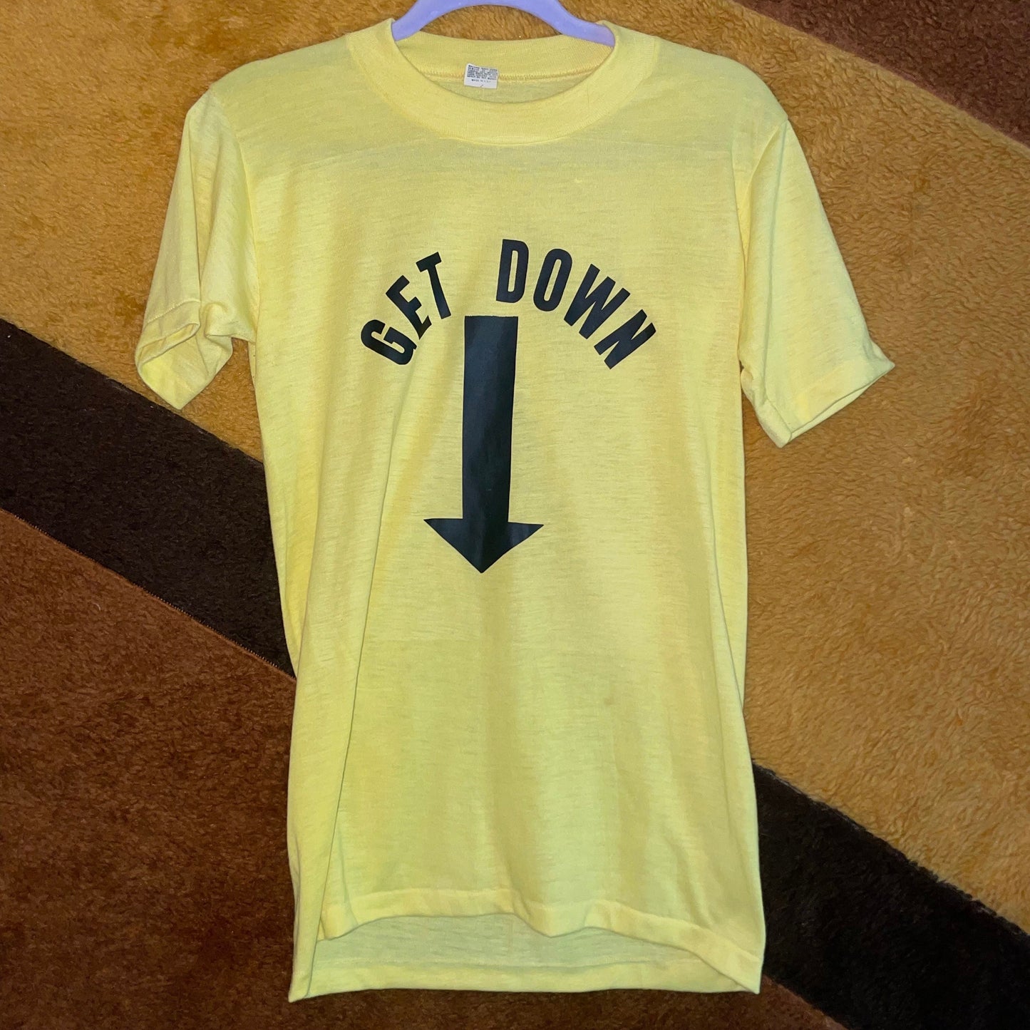vtg 70s mayo spruce GET DOWN suggestive arrow funny graphic tee James Brown paper thin pale yellow t shirt humorous iron on kickball team