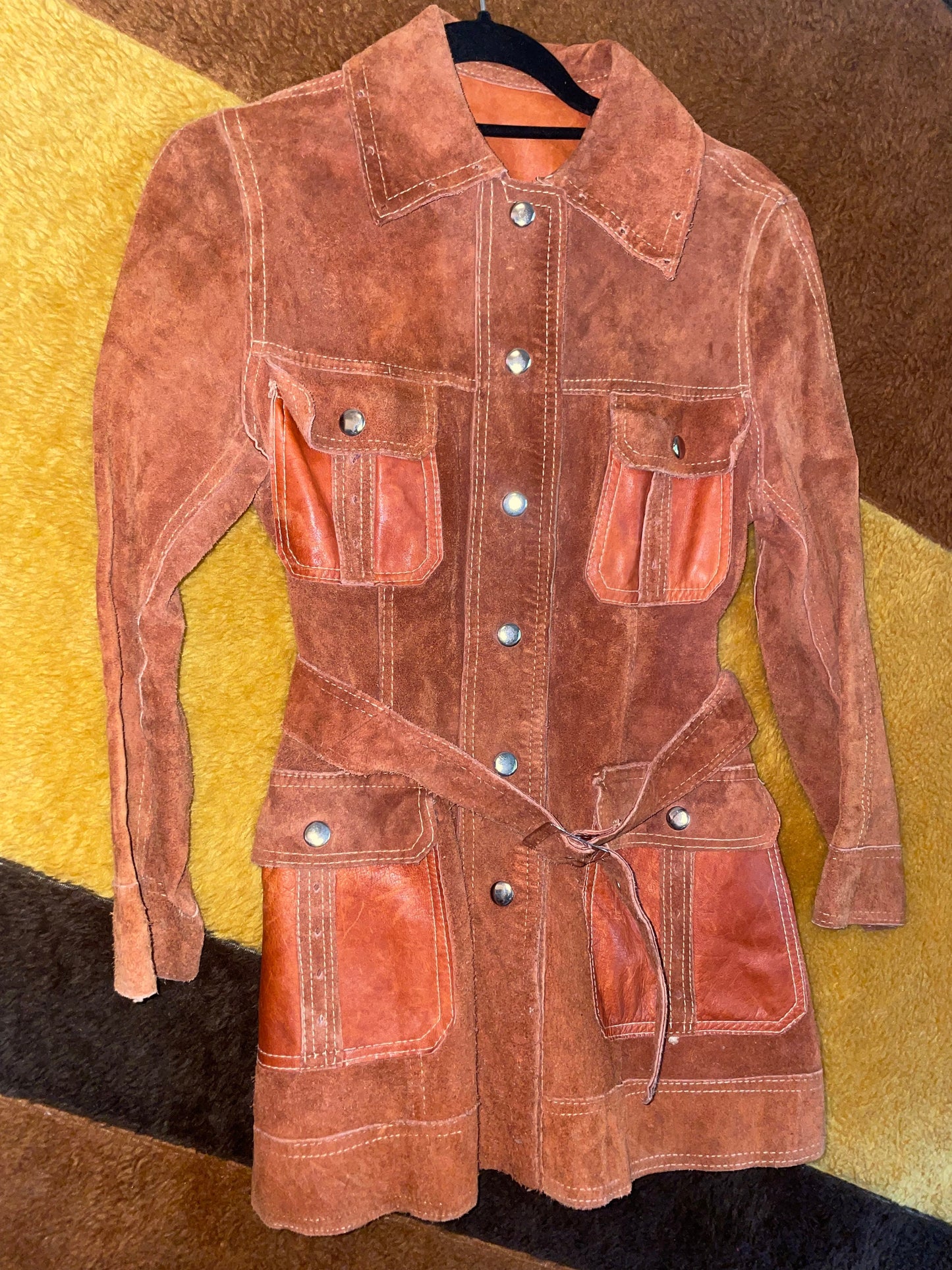vtg 60s REVERSIBLE SUEDE JACKET // vintage hippie festival leather belted collared button up mod western retro leather hand tooled orange