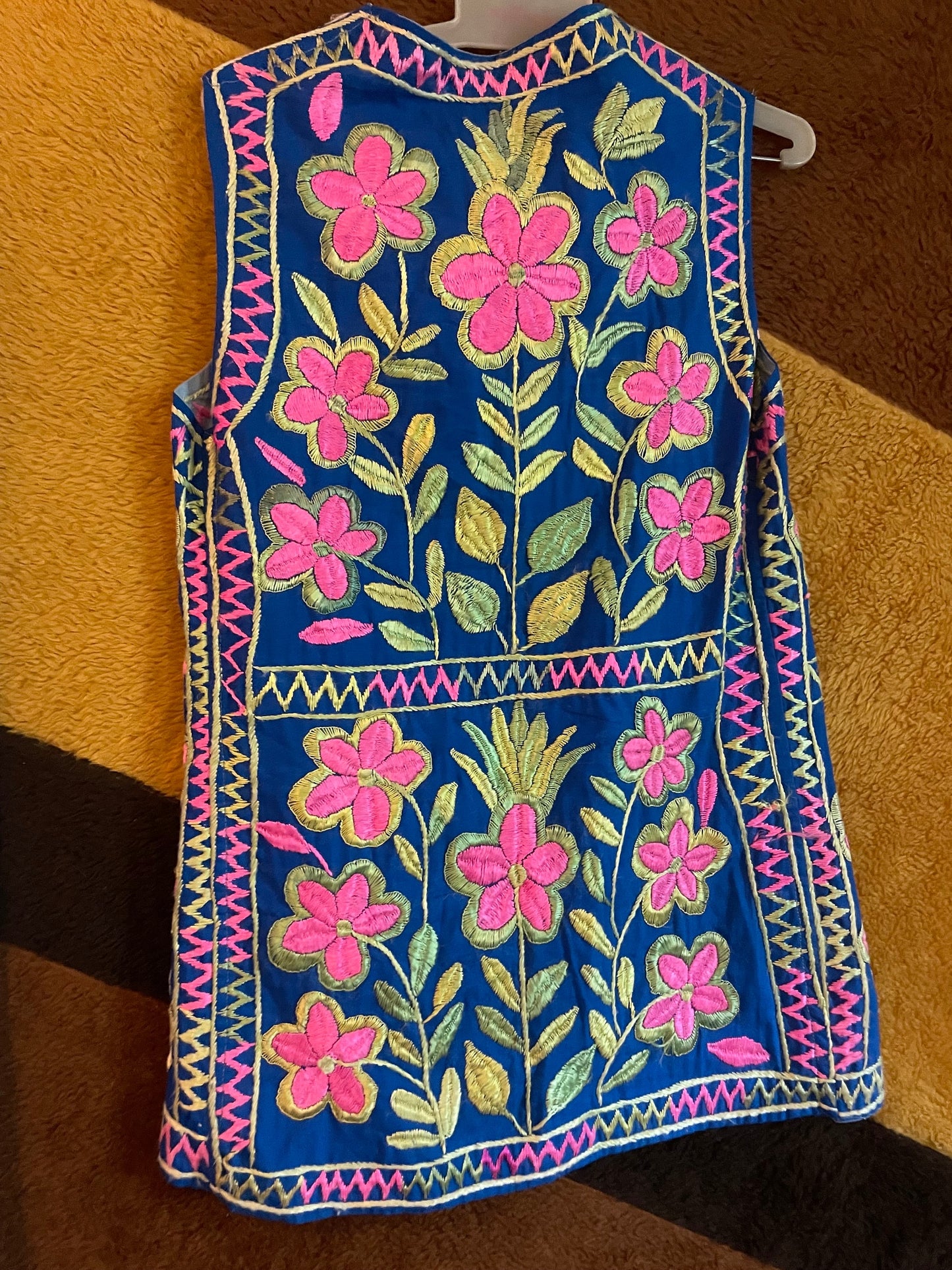 vtg 60s HEAVILY EMBROIDERED WAISTCOAT // vintage blue & pink floral tapestry vest bright neon hippie bohemian embroidered psychedelic