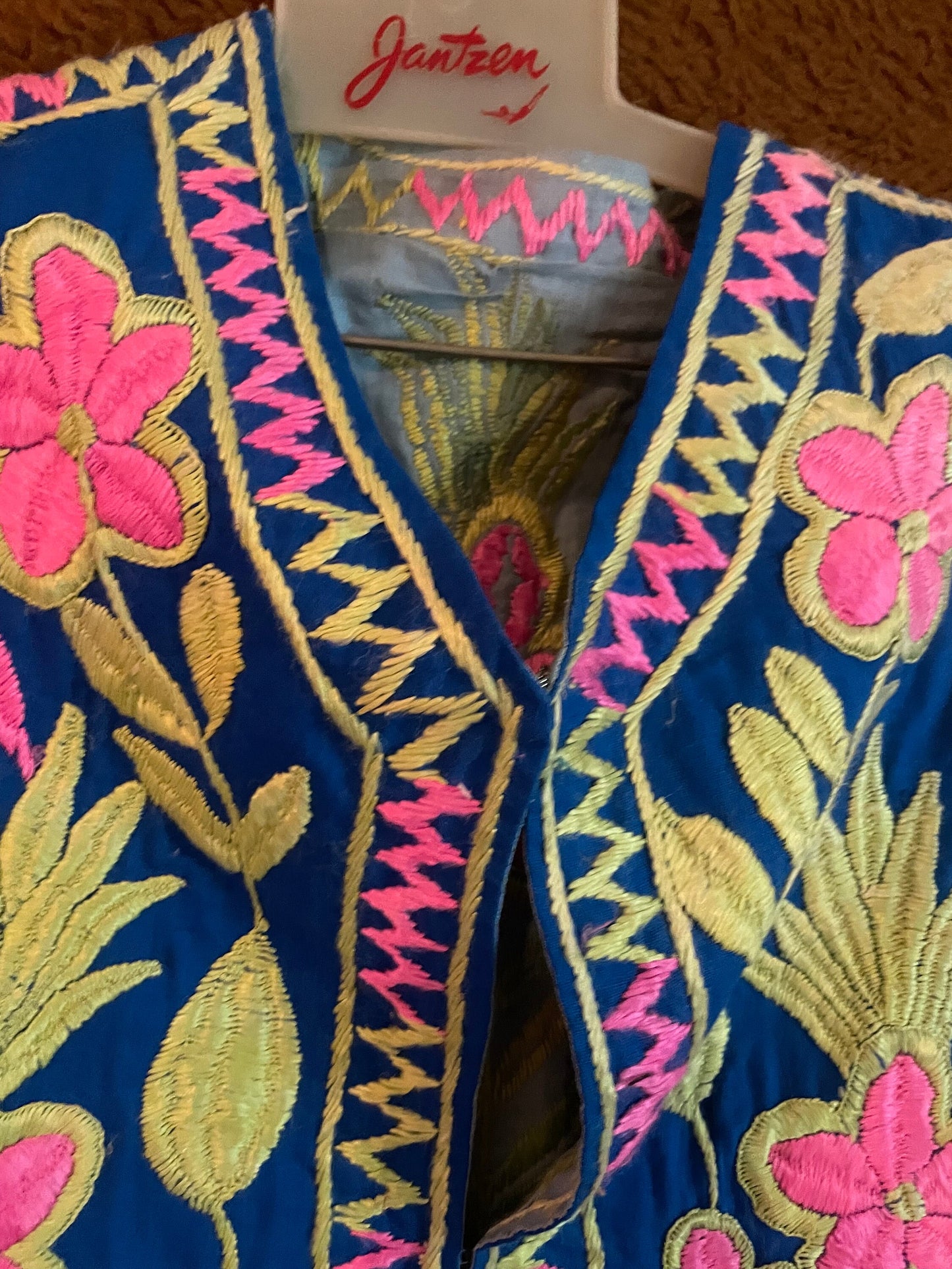 vtg 60s HEAVILY EMBROIDERED WAISTCOAT // vintage blue & pink floral tapestry vest bright neon hippie bohemian embroidered psychedelic