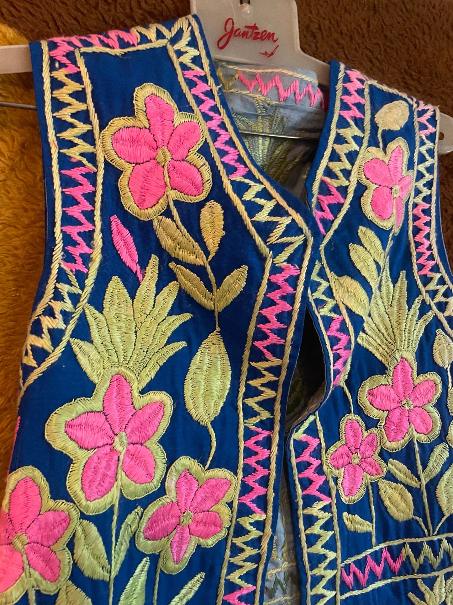 vtg 60s HEAVILY EMBROIDERED WAISTCOAT // vintage blue & pink floral tapestry vest bright neon hippie bohemian embroidered psychedelic