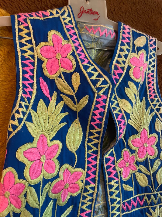 vtg 60s HEAVILY EMBROIDERED WAISTCOAT // vintage blue & pink floral tapestry vest bright neon hippie bohemian embroidered psychedelic