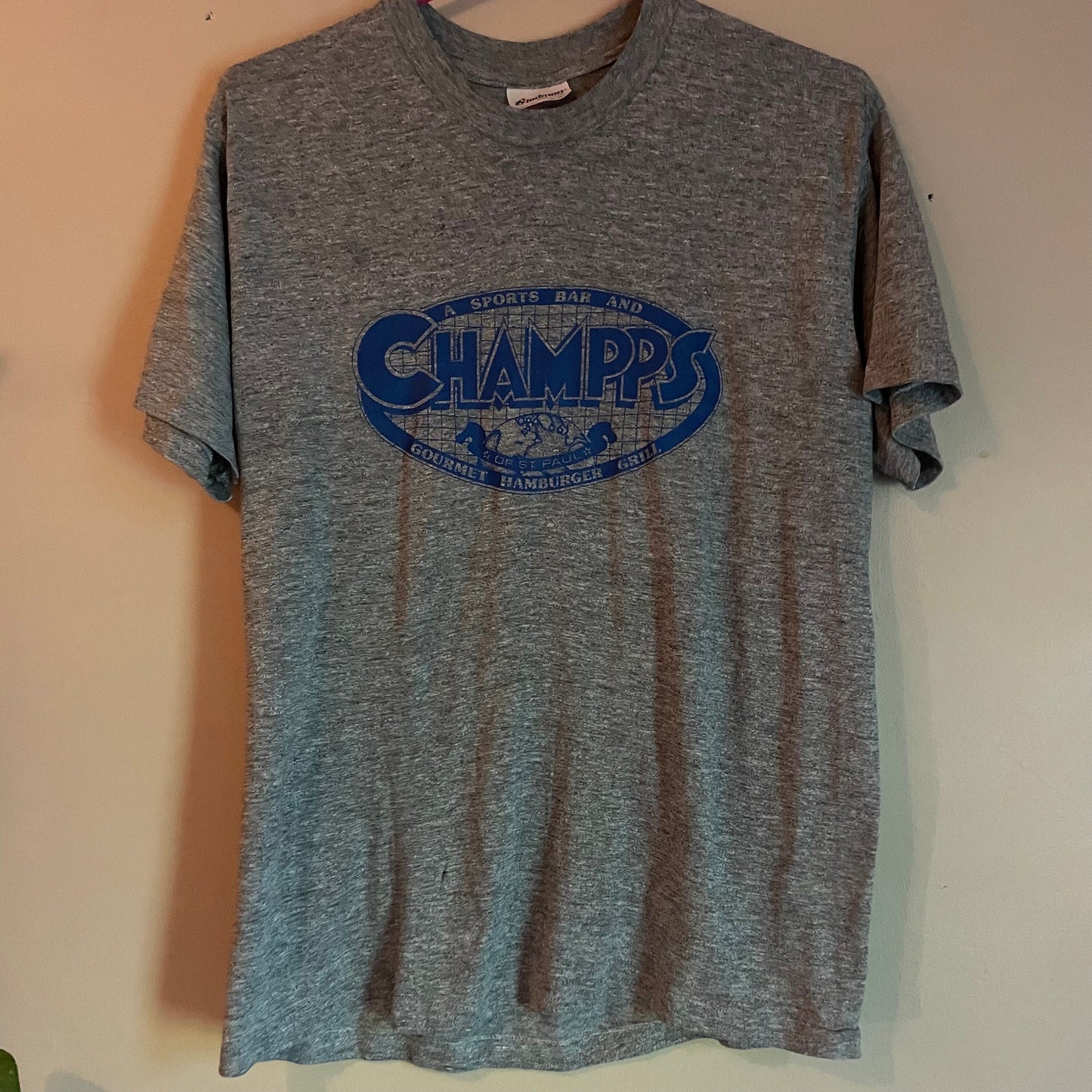 vtg 70s CHAMMPS ST PAUL // vintage xl minnesota hamburger chain restaurant paper thin distressed soft sheer baggy grunge oversized hipster
